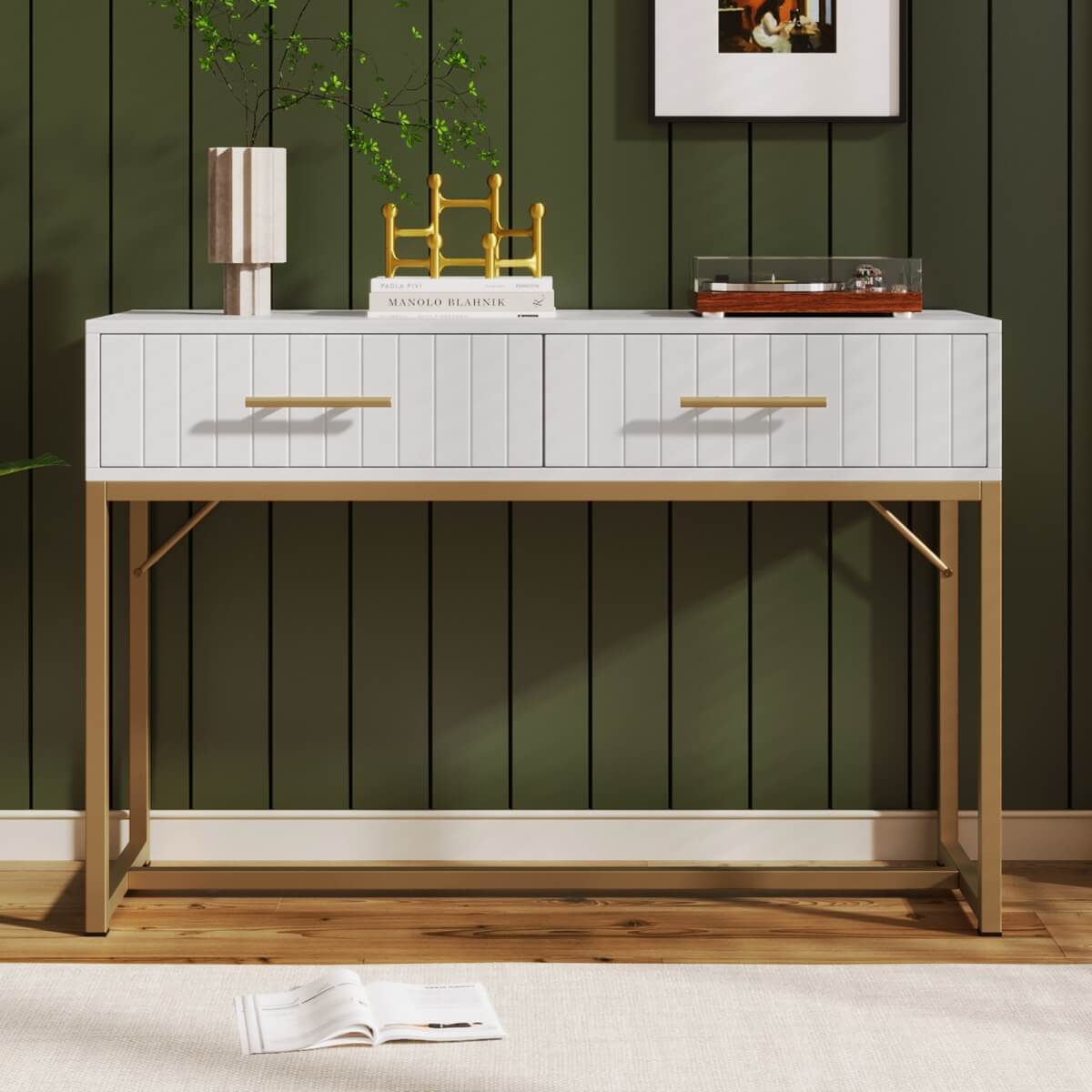 Dressing Table with 2 Drawers – White Bedroom Sideboard, 76.5x100x45cm