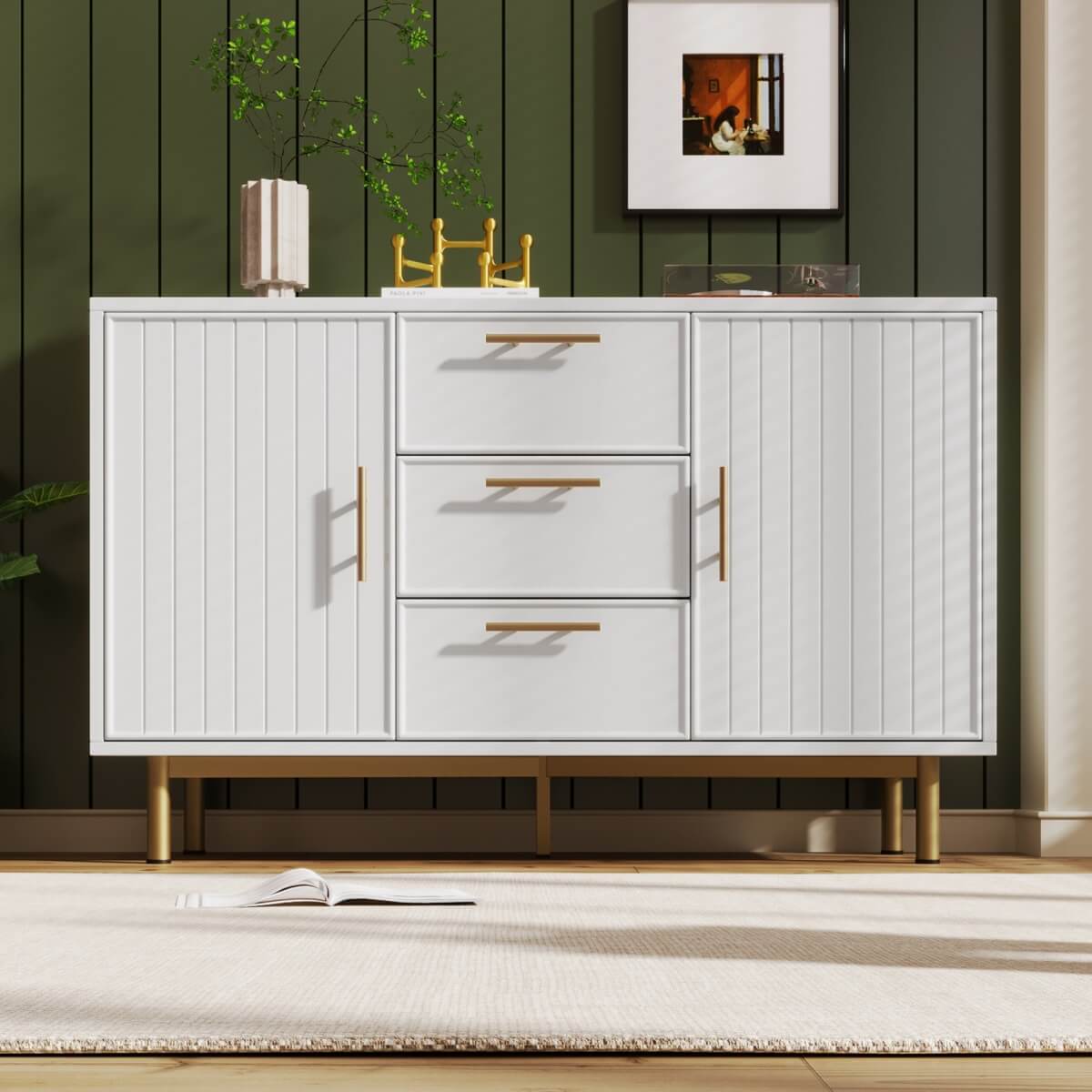 White Sideboard Cabinet with 3 Drawers and 2 Doors - Living Room Storage Cupboard with Adjustable Shelf