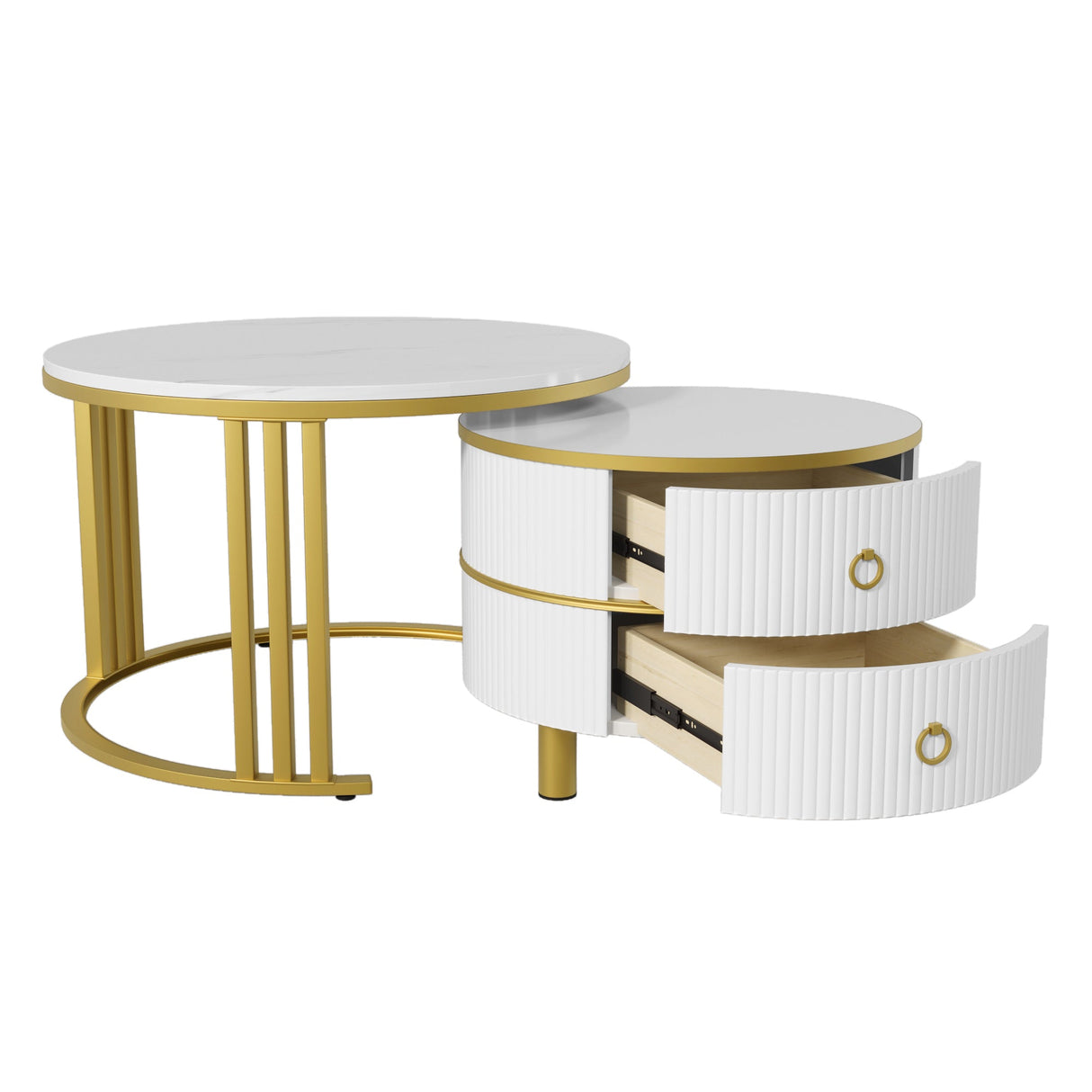 Coffee Table Set, 2-in-1 Round MDF & Side Table with Drawers, White