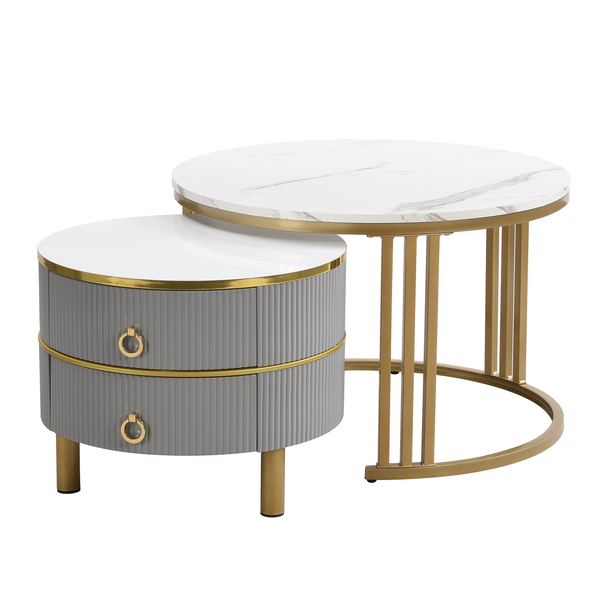 Coffee Table Set, 2-in-1 MDF Round Coffee Table with 2 Drawers & Side Table, White and Grey