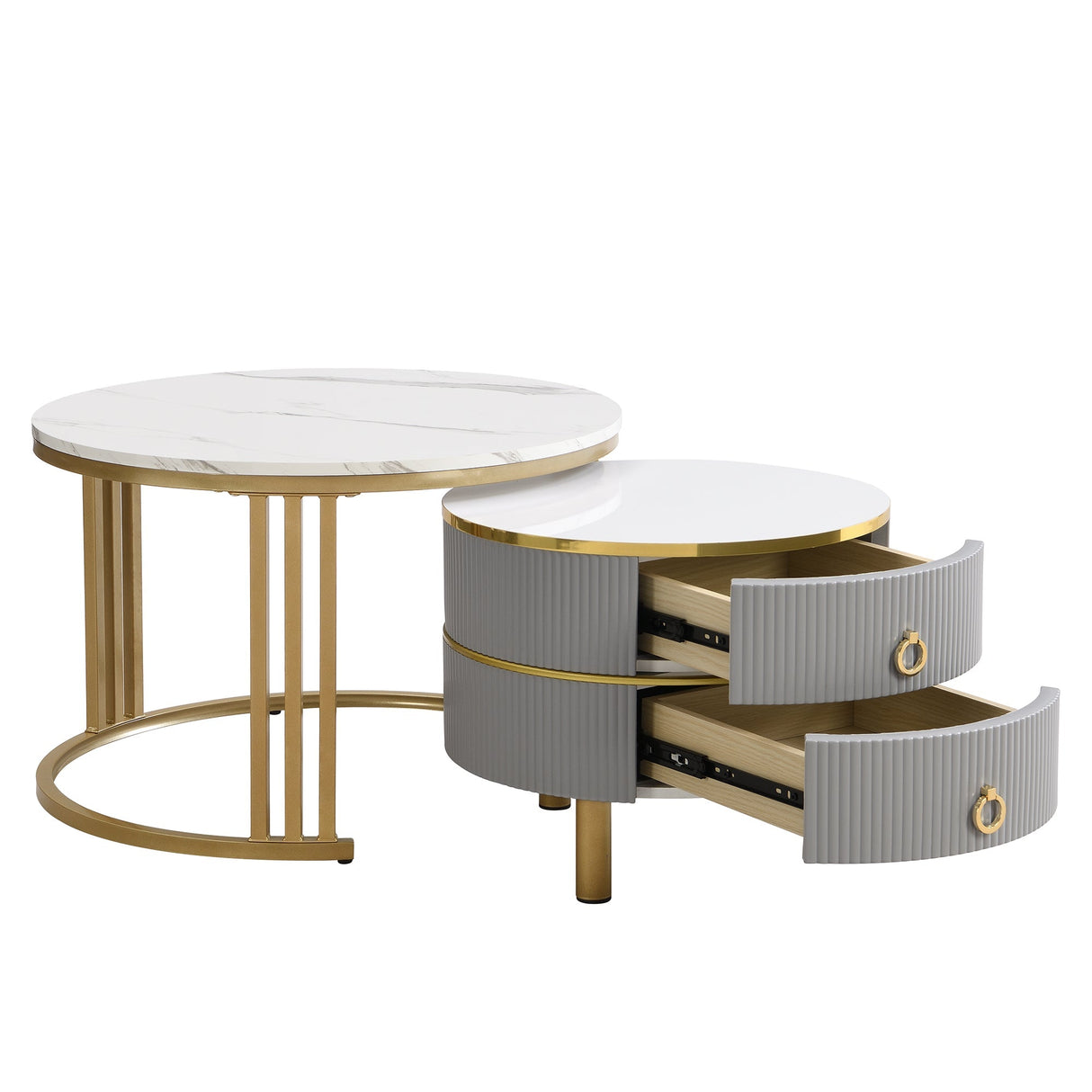 Coffee Table Set, 2-in-1 MDF Round Coffee Table with 2 Drawers & Side Table, White and Grey