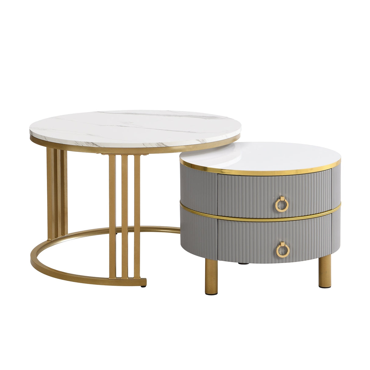 Coffee Table Set, 2-in-1 MDF Round Coffee Table with 2 Drawers & Side Table, White and Grey