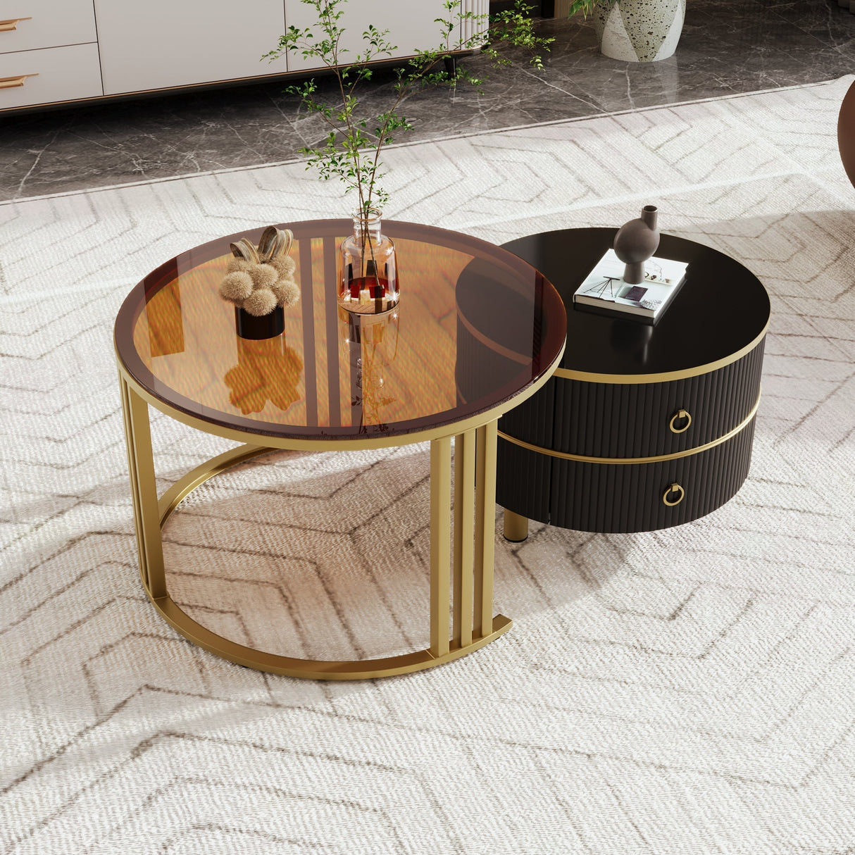 2-in-1 Round Coffee Table Set with 2 Drawers, MDF & Tempered Glass, Brown