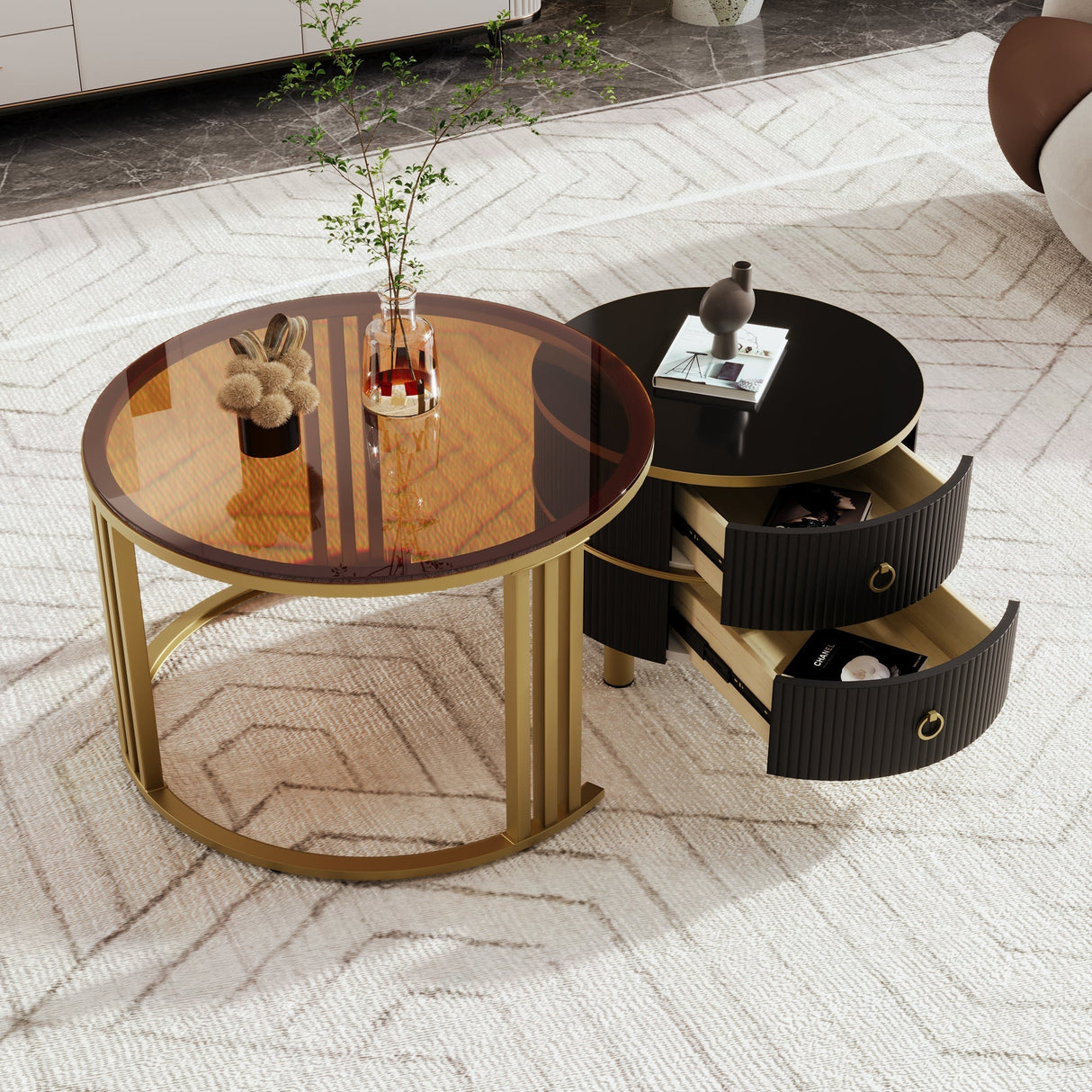 2-in-1 Round Coffee Table Set with 2 Drawers, MDF & Tempered Glass, Brown
