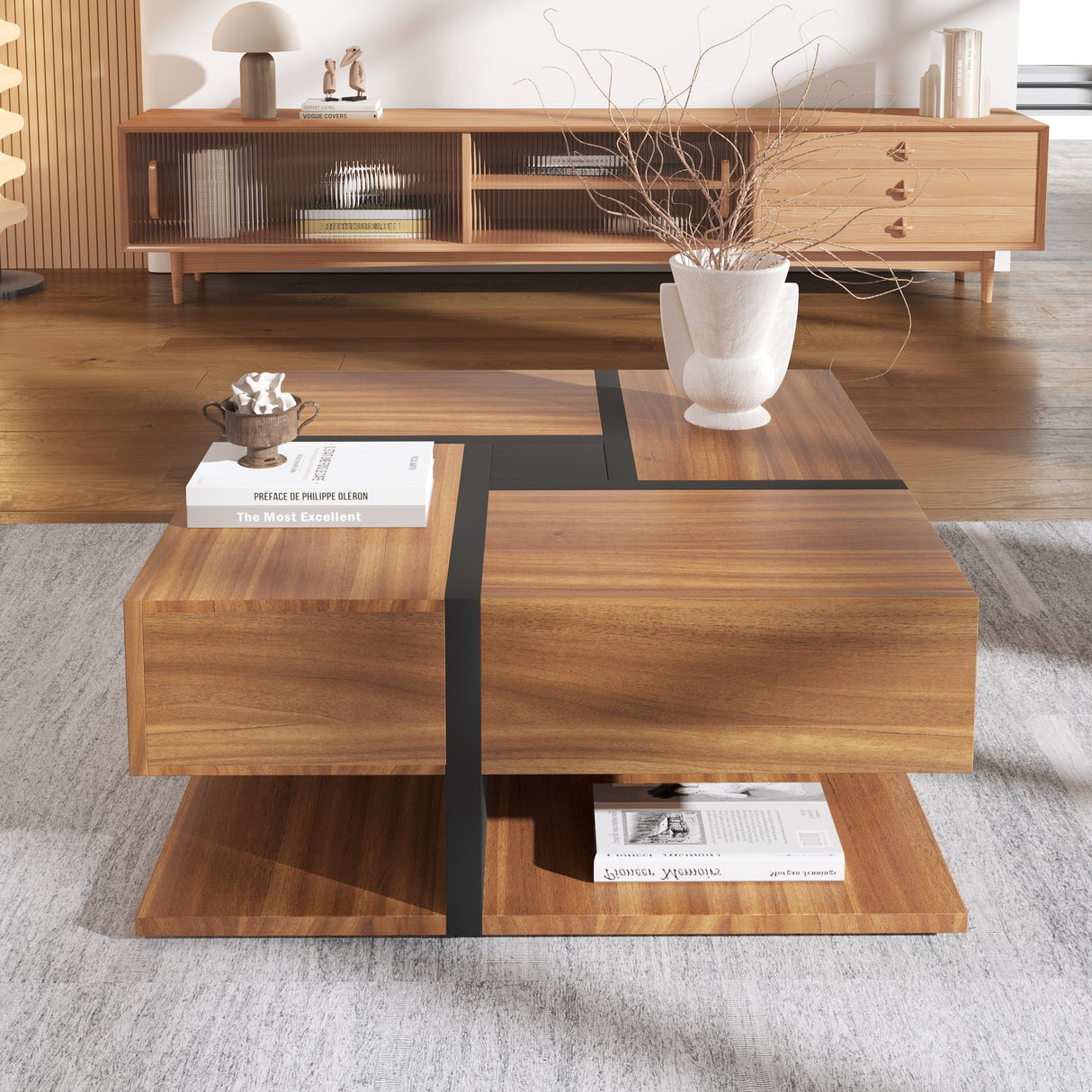 Coffee Table with 4 Drawers, Unique Color Matching, and Bottom Storage Space, 78x78x36cm