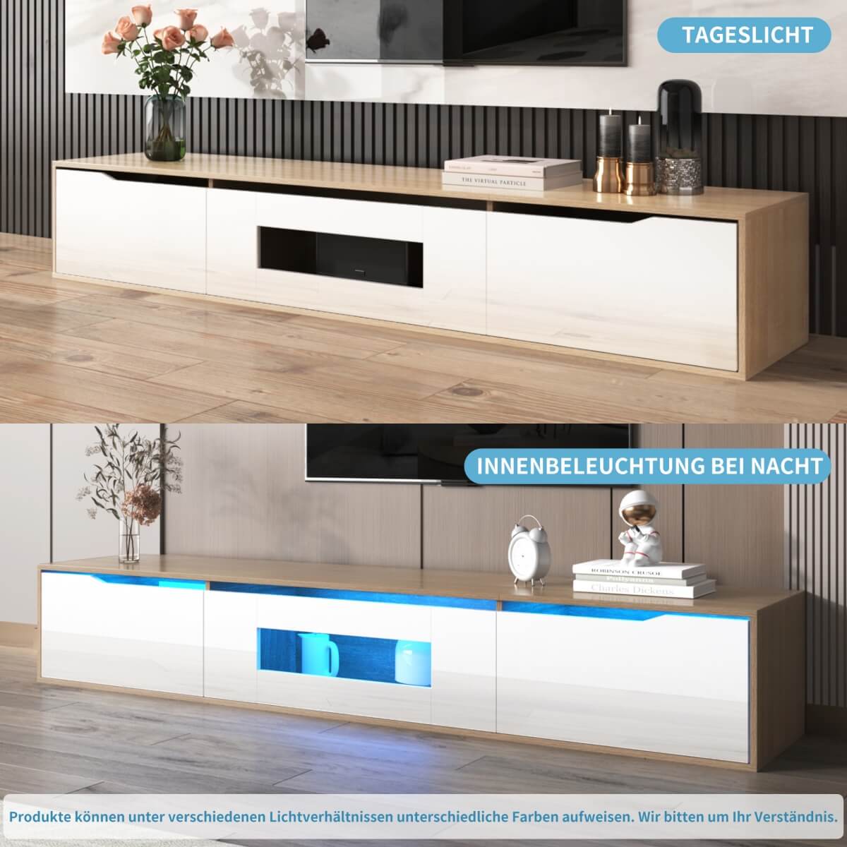 TV cabinet, high gloss, white and wood color, with color changing LED light