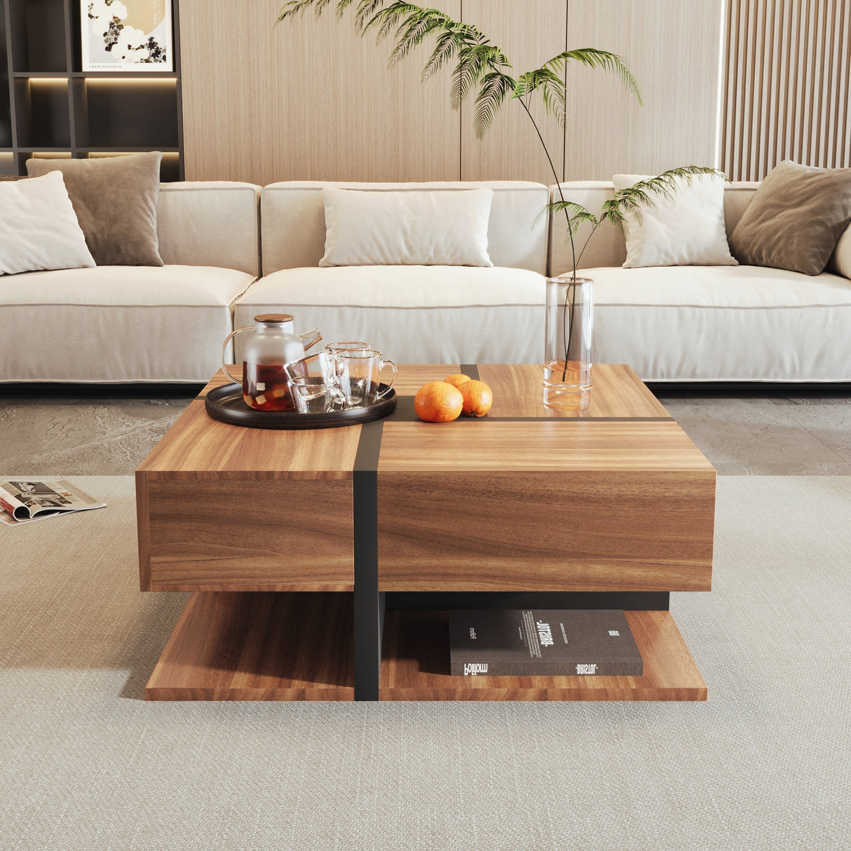 Coffee Table with 4 Drawers, Unique Color Matching, and Bottom Storage Space, 78x78x36cm