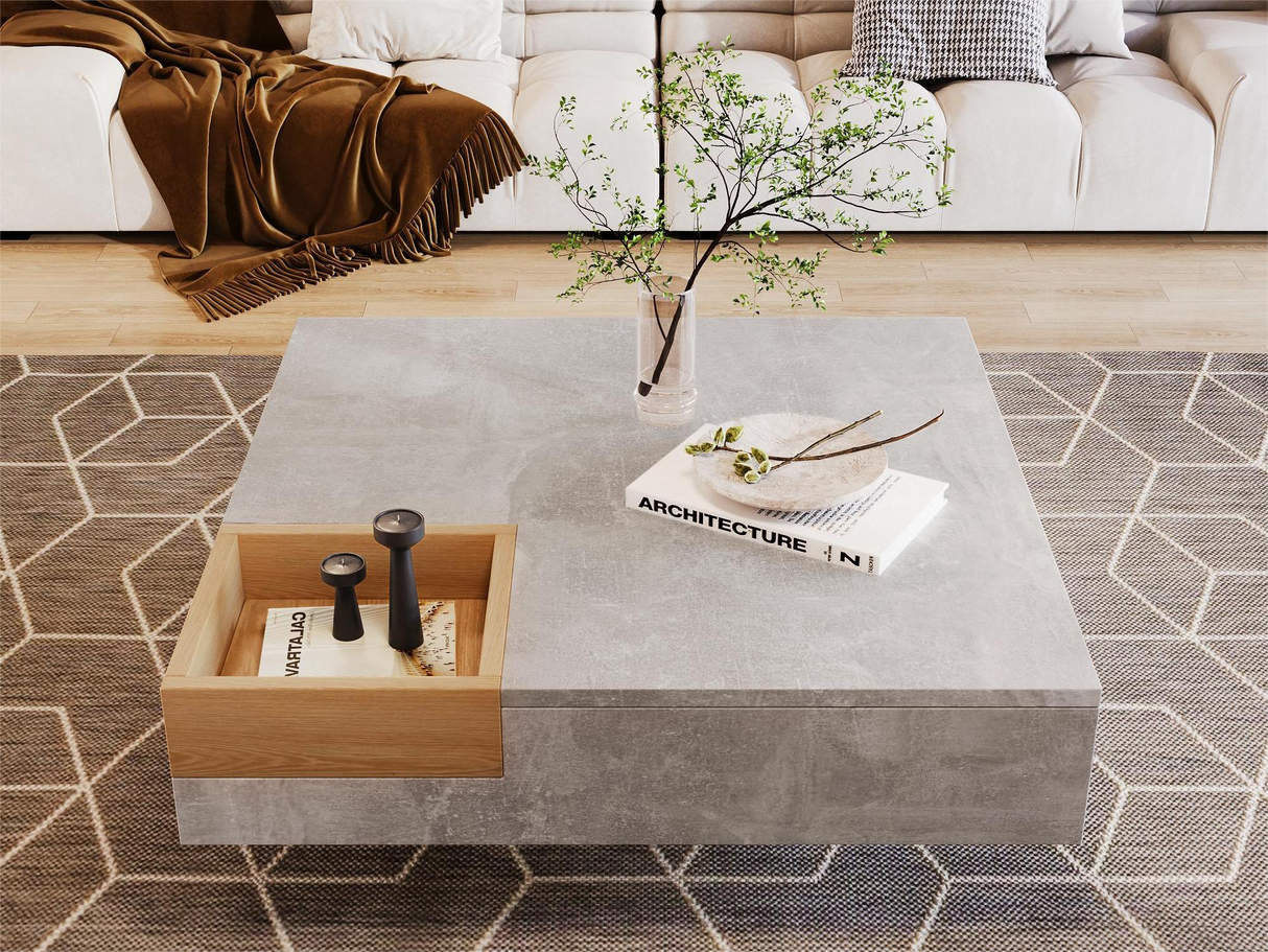 Coffee Table with Removable Storage Box, Concrete Gray and Wood Color