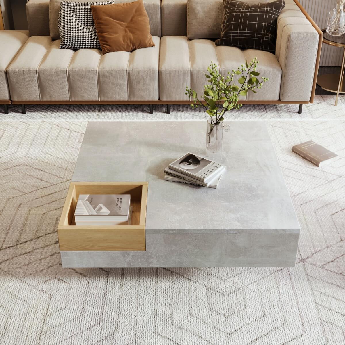 Coffee Table with Removable Storage – Living Room Side Table, Concrete Grey & Wood