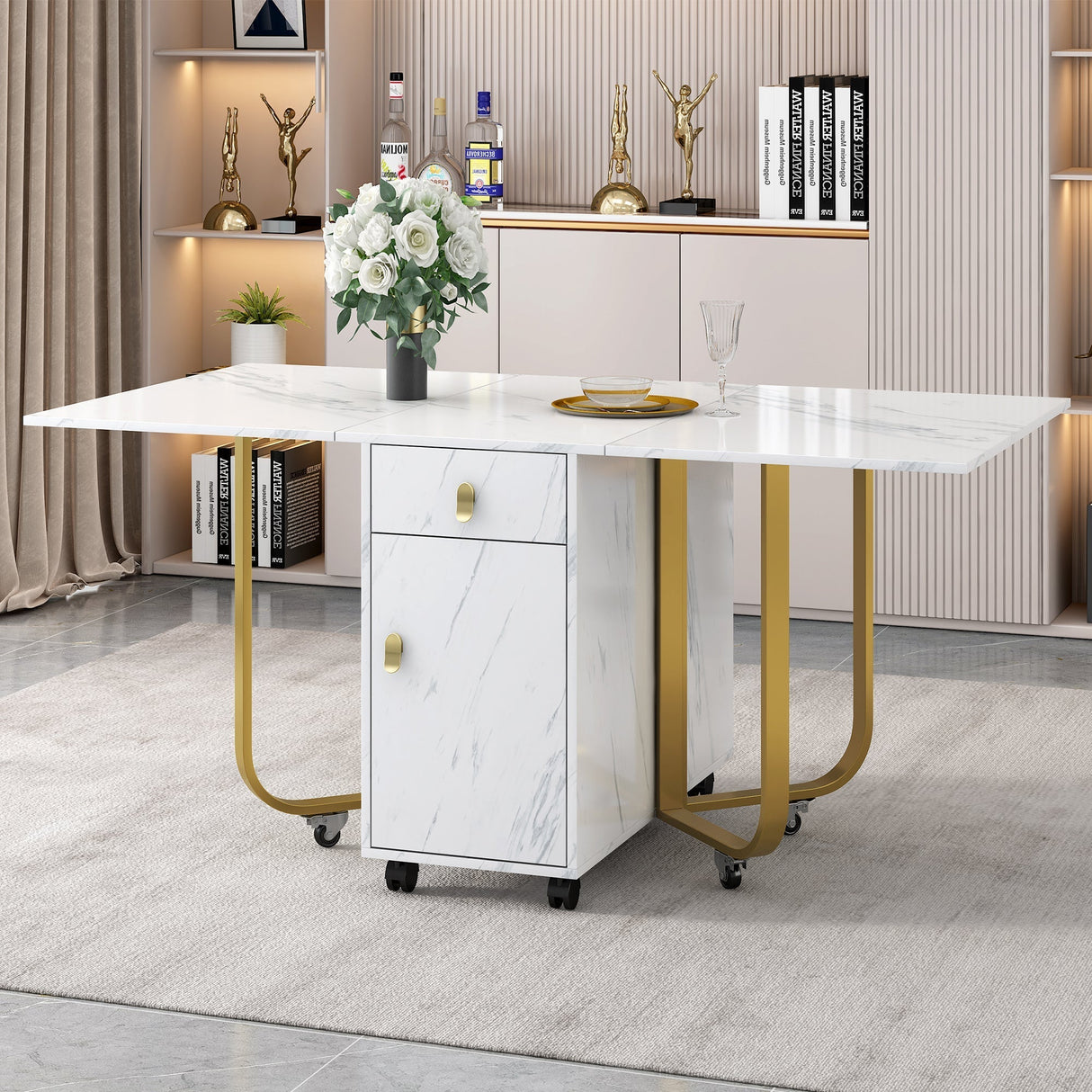 Folding Dining Table with Cupboard & 2 Drawers, Space-Saving Kitchen Utility Table, White/Gold