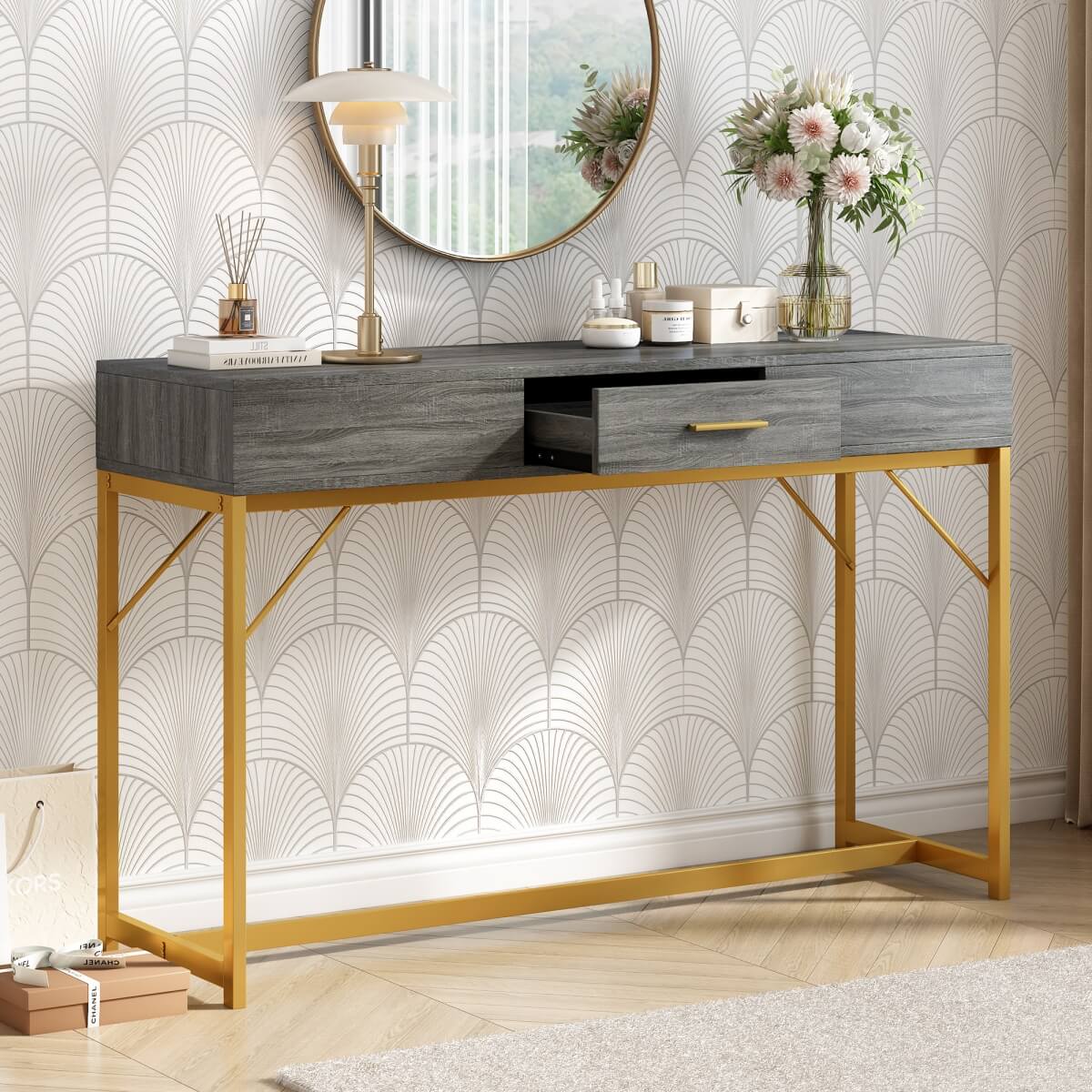 Grey & Gold Console Table with Drawer – Modern Luxury Hallway Table