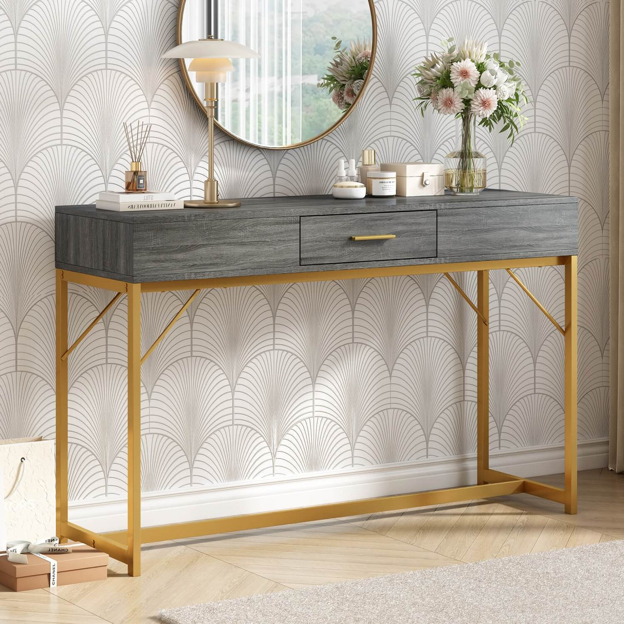 Grey & Gold Console Table with Drawer – Modern Luxury Hallway Table - Abrihome UK