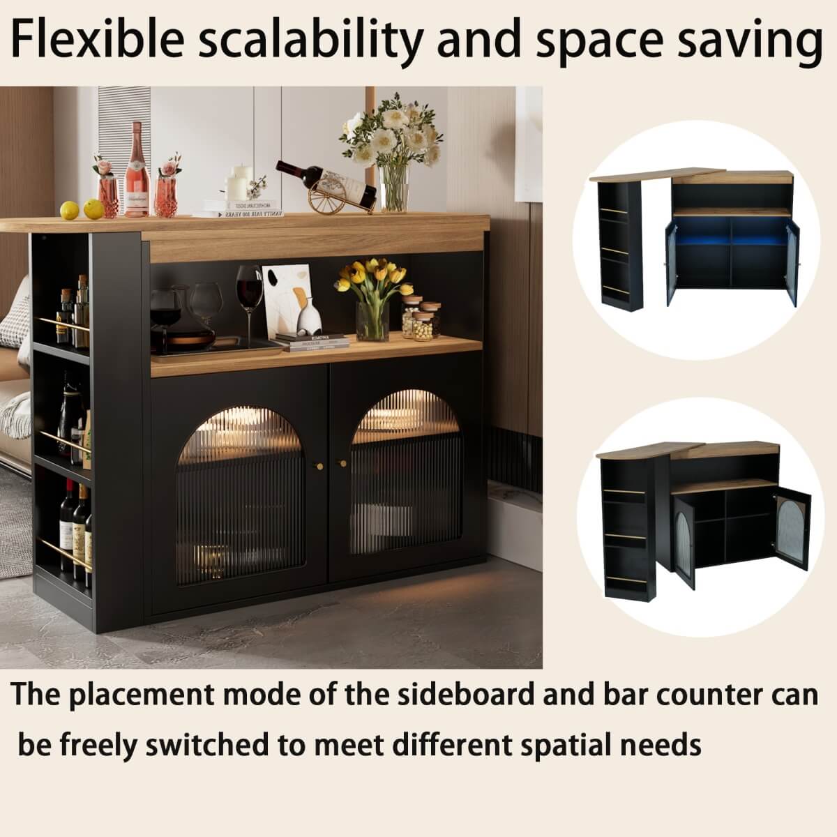 Modern Extendable Kitchen Island Bar Table with Storage - Swivel Dining Table with Adjustable Colour LED Strip, Black