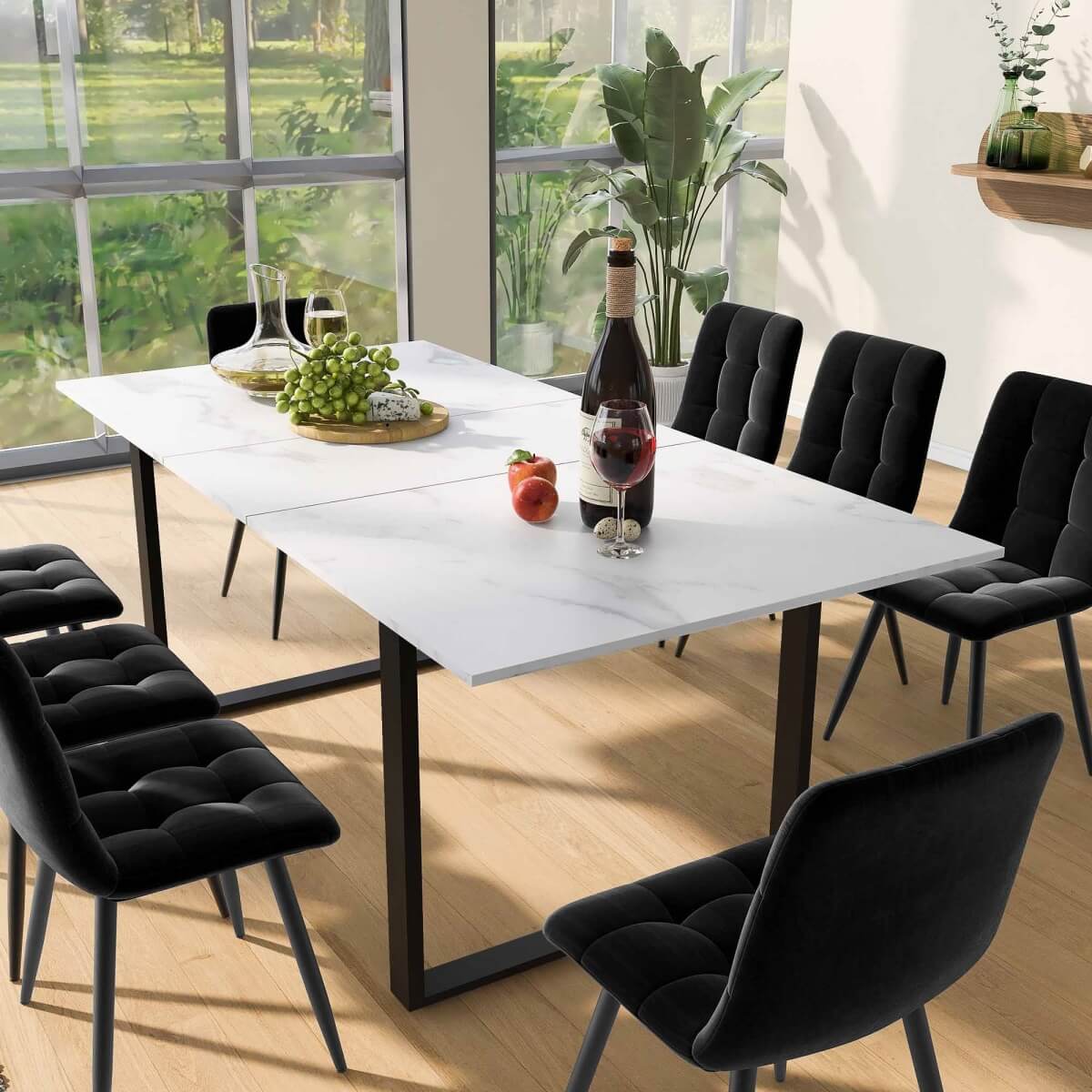 4-6 Seater Extendable Dining Table - Modern White Marble Effect Tabletop with Sturdy Metal Legs