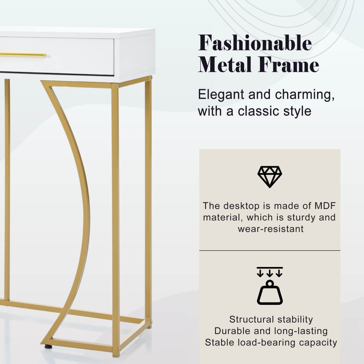 Console Table with 2 Drawers – Modern Hallway Table, White & Gold