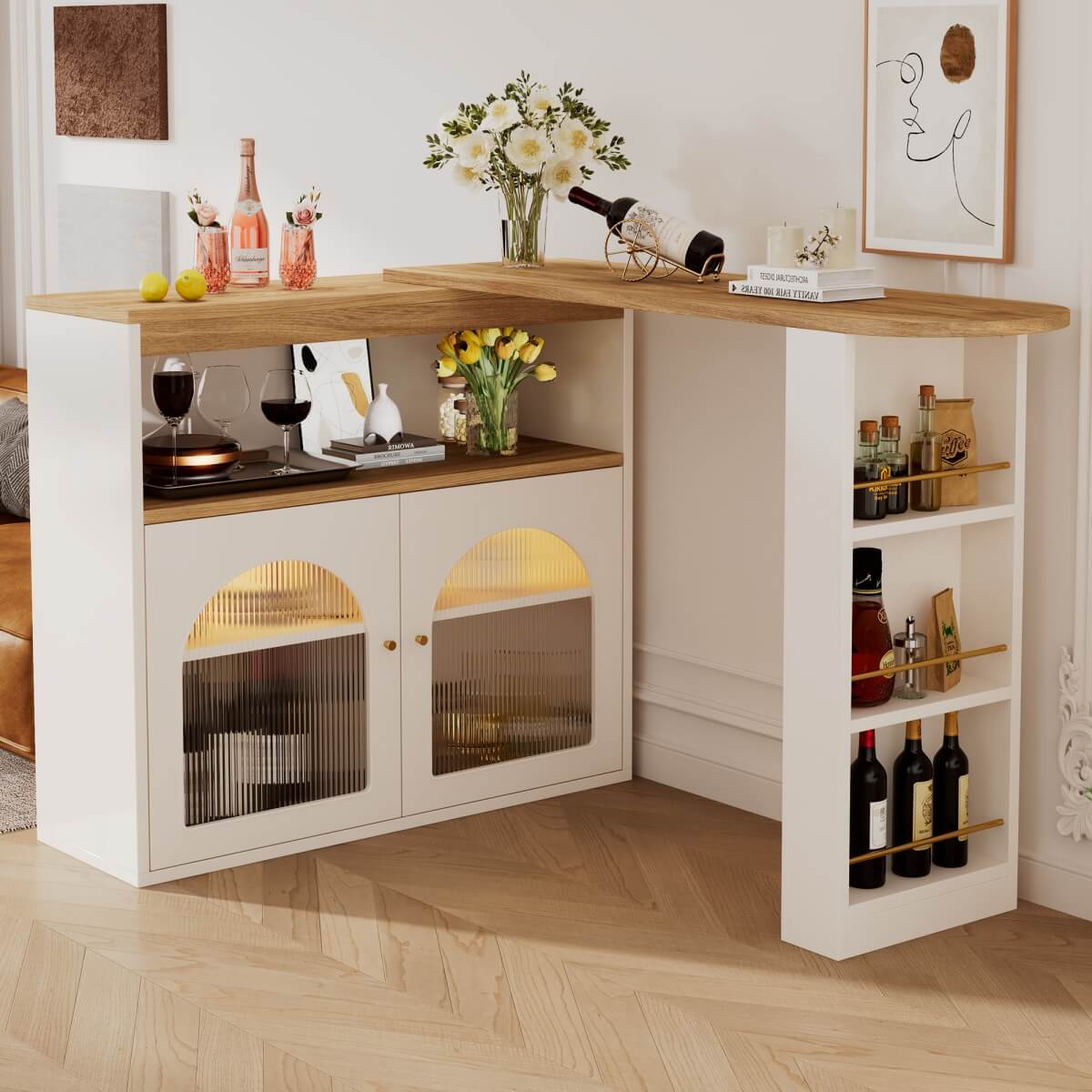 Modern Extendable Kitchen Island with Storage - Swivel Bar Table and Dining Table with Adjustable Colour LED Strip, White