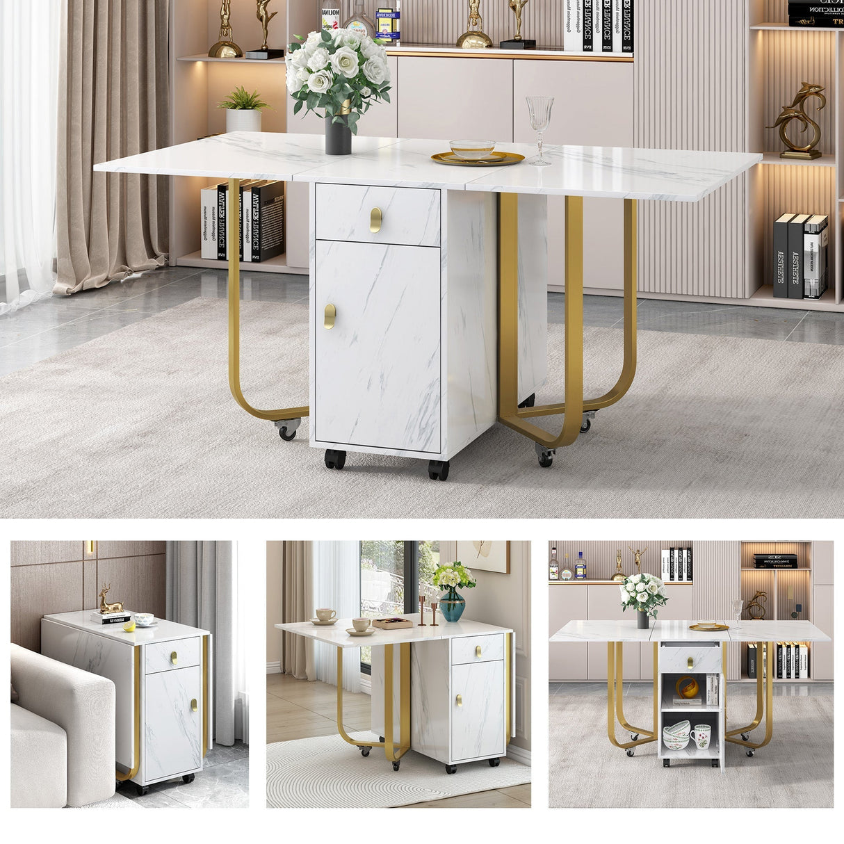 Folding Dining Table with Cupboard & 2 Drawers, Space-Saving Kitchen Utility Table, White/Gold