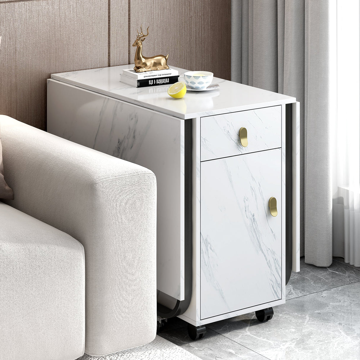 Folding Dining Table with Cupboard, 2 Drawers & Gliders, White/Black