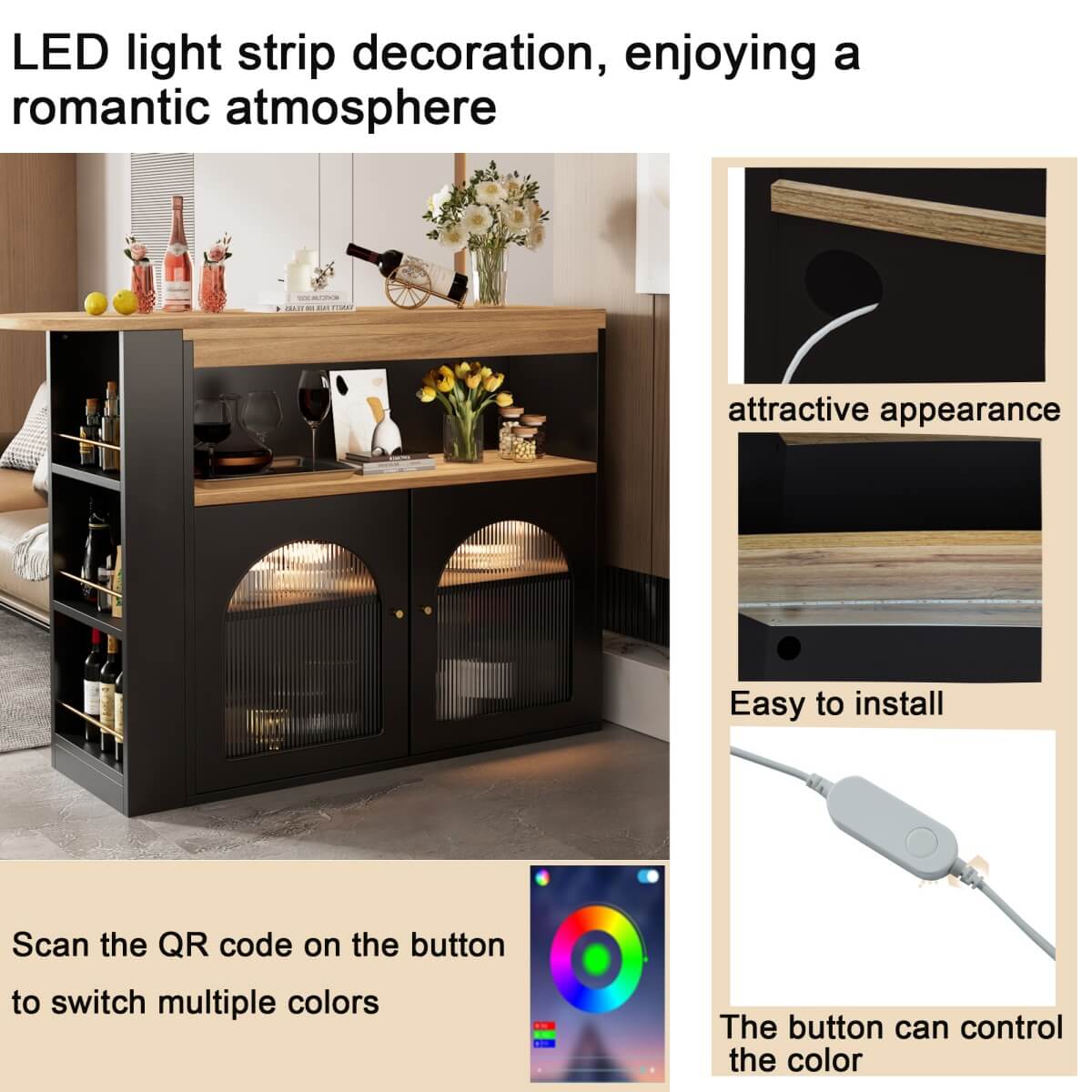 Modern Extendable Kitchen Island Bar Table with Storage - Swivel Dining Table with Adjustable Colour LED Strip, Black