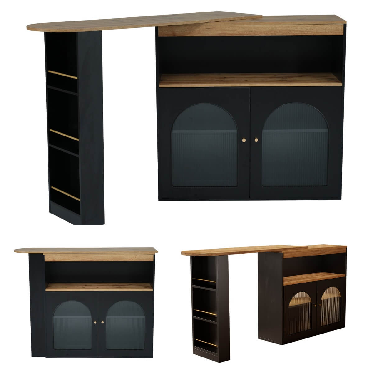 Modern Extendable Kitchen Island Bar Table with Storage - Swivel Dining Table with Adjustable Colour LED Strip, Black