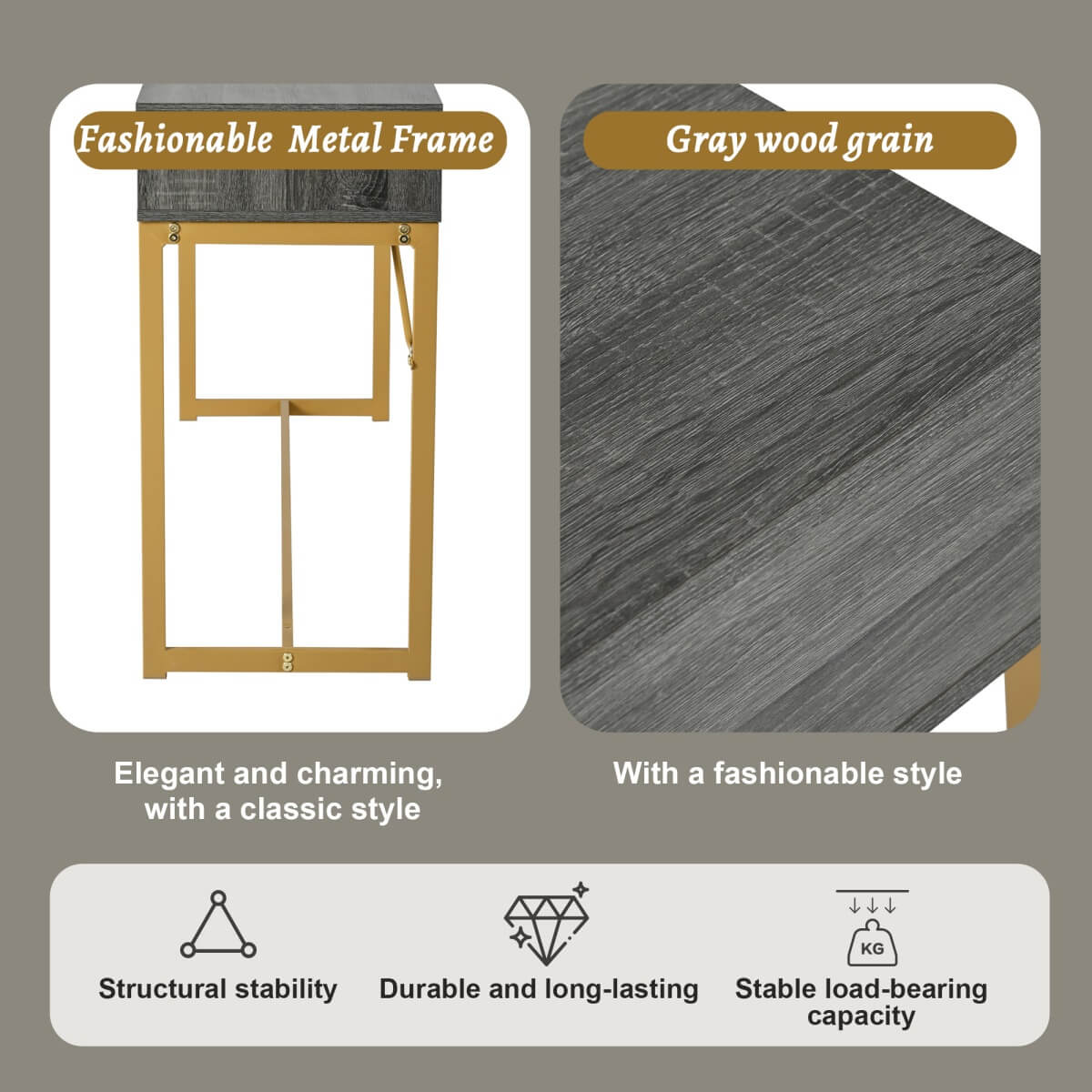 Grey & Gold Console Table with Drawer – Modern Luxury Hallway Table