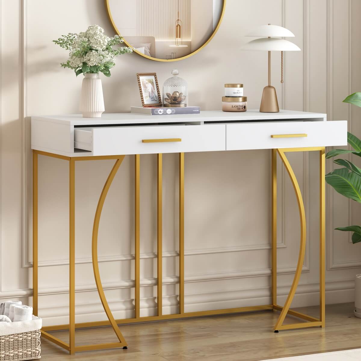 Console Table with 2 Drawers – Modern Hallway Table, White & Gold