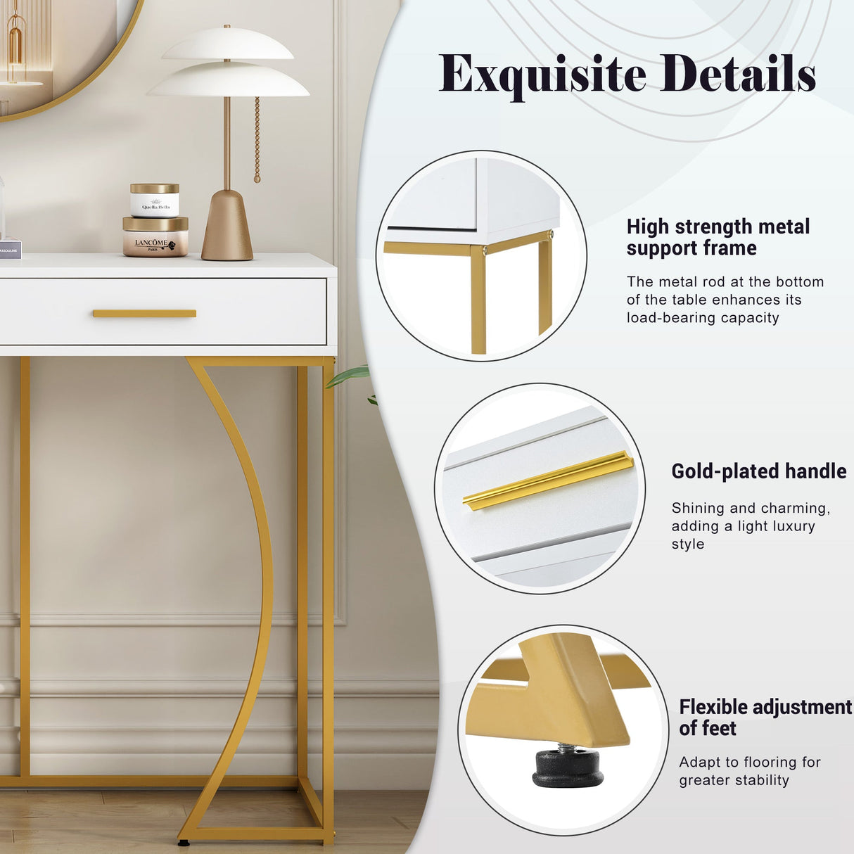 Console Table with 2 Drawers, Light Luxury Style Hallway Side Table, White/Gold