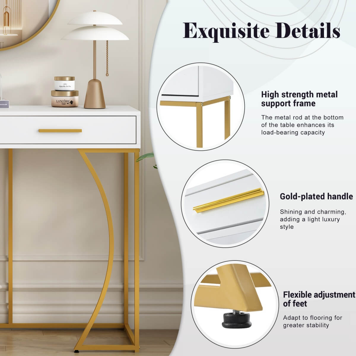 Console Table with 2 Drawers – Modern Hallway Table, White & Gold