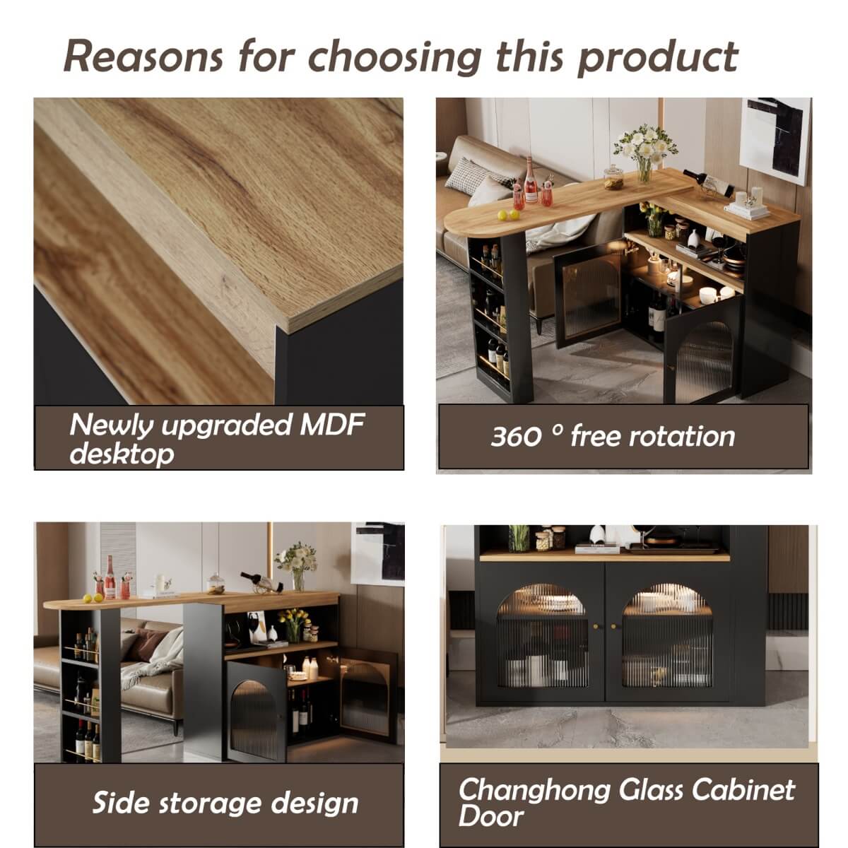 Modern Extendable Kitchen Island Bar Table with Storage - Swivel Dining Table with Adjustable Colour LED Strip, Black