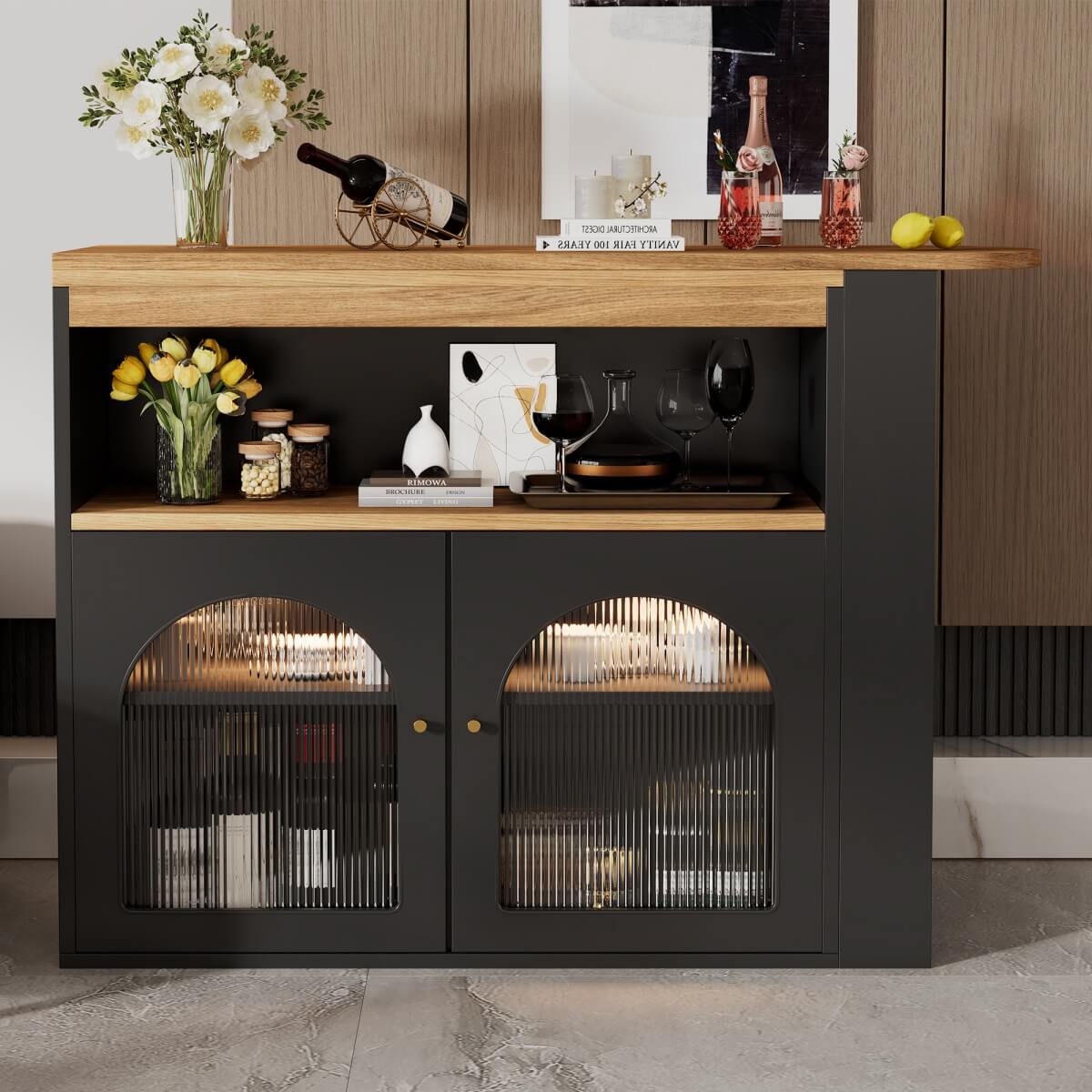 Modern Extendable Kitchen Island Bar Table with Storage - Swivel Dining Table with Adjustable Colour LED Strip, Black