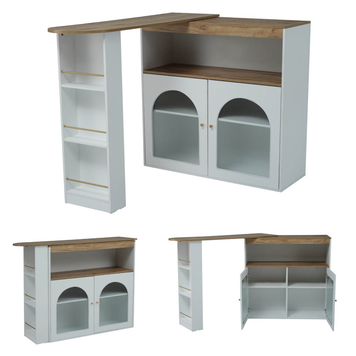 Modern Extendable Kitchen Island with Storage - Swivel Bar Table and Dining Table with Adjustable Colour LED Strip, White