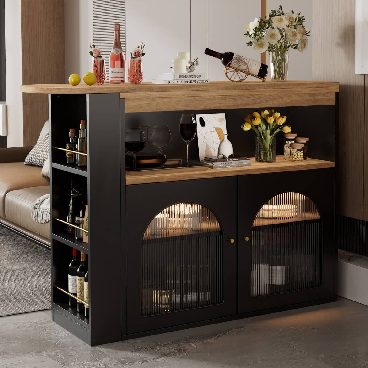 Modern Extendable Kitchen Island Bar Table with Storage - Swivel Dining Table with Adjustable Colour LED Strip, Black