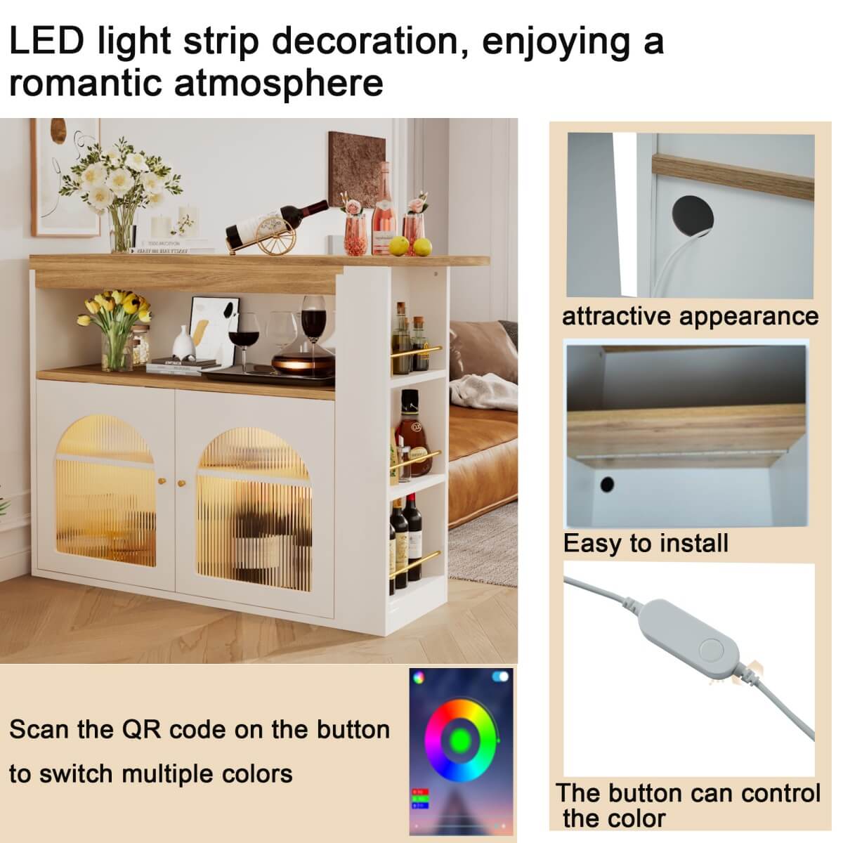 Modern Extendable Kitchen Island with Storage - Swivel Bar Table and Dining Table with Adjustable Colour LED Strip, White