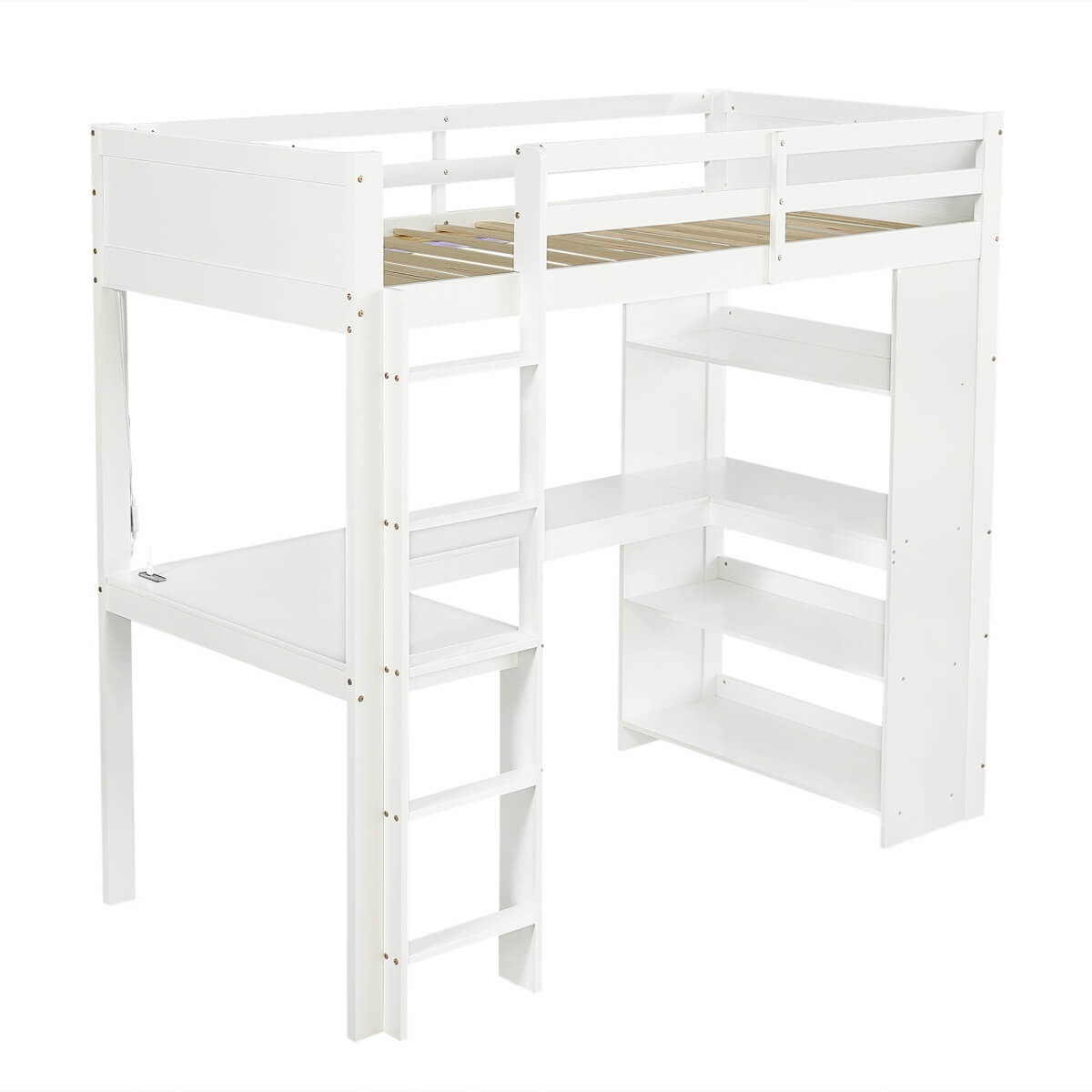 3ft Single Wooden Loft Bed - Bunk Bed with LED Lights, Charging Ports, Storage Shelves, Desk & 5-Step Ladder, White