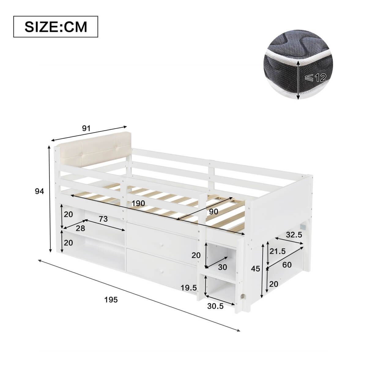 3ft Single Wooden Storage Bed for Kids - Bed Frame with Safety Guardrails, 2 Drawers, Storage Compartments & Upholstered Headboard, White