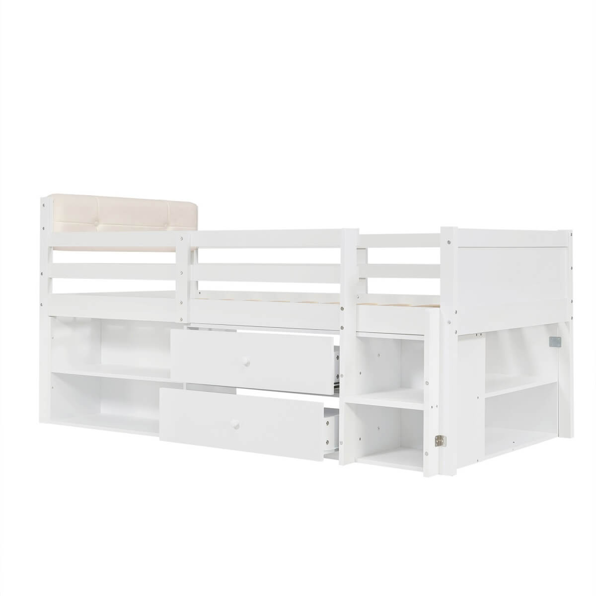 3ft Single Wooden Storage Bed for Kids - Bed Frame with Safety Guardrails, 2 Drawers, Storage Compartments & Upholstered Headboard, White
