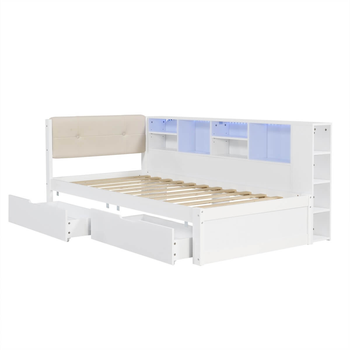 3ft Single Wooden Storage Bed with LED Lights - Bed Frame with Upholstered Headboard, Charging Port, Storage Compartments and 2 Wheeled Drawers, White