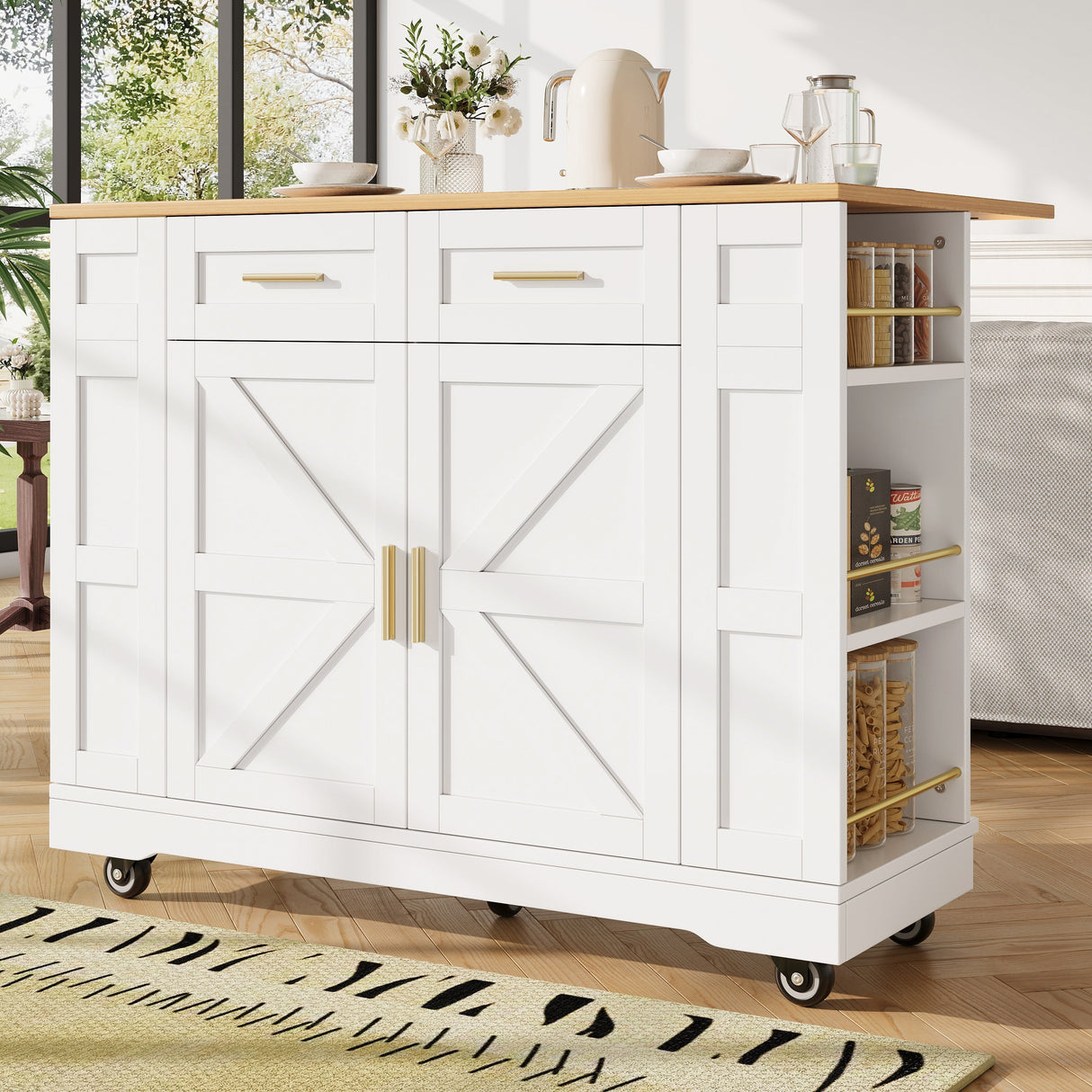 Kitchen Island on Wheels, Rolling Cart with Drawers & Storage, Foldable Worktop, White
