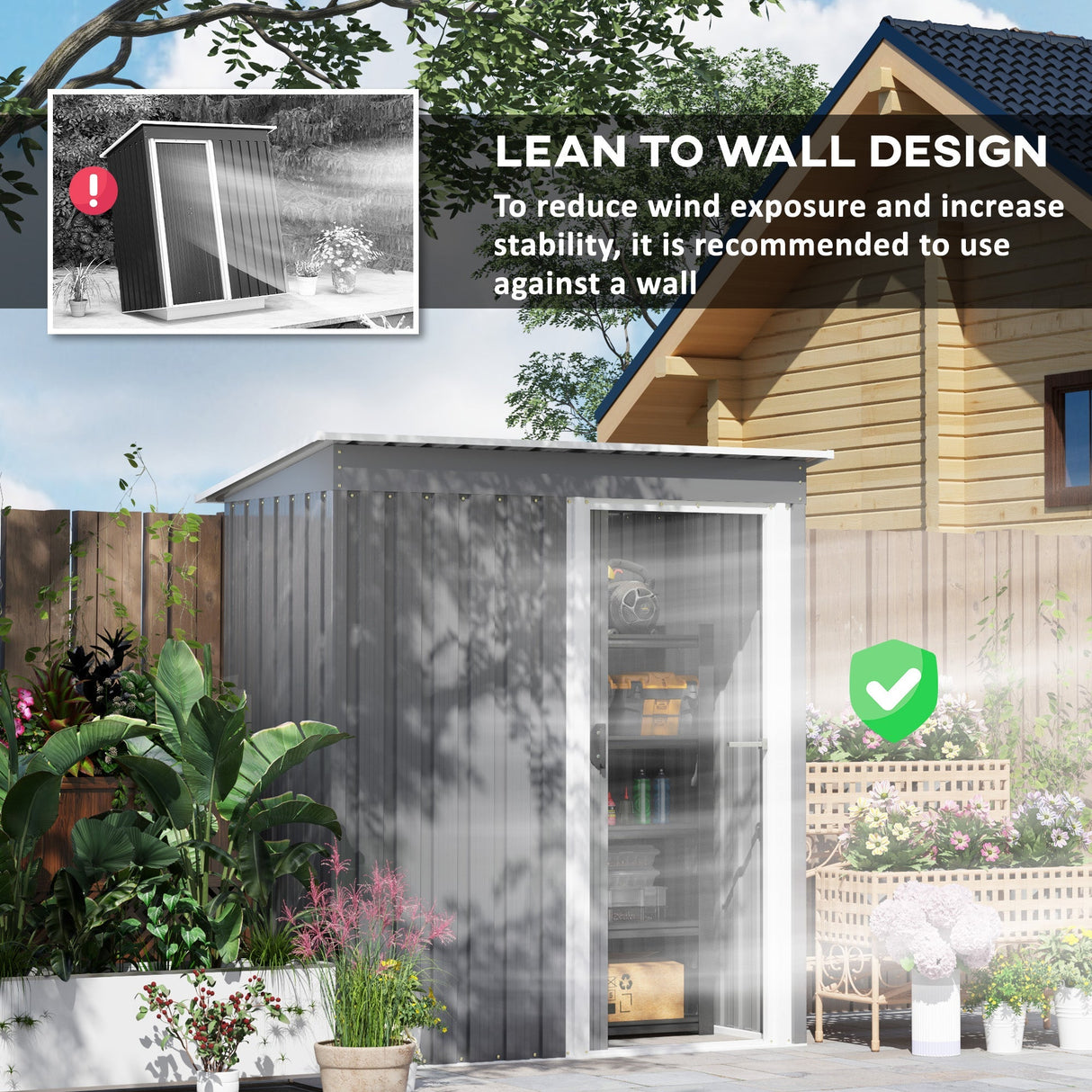 Garden Storage Shed 5 x 3ft, Sliding Door Sloped Roof, Light Grey