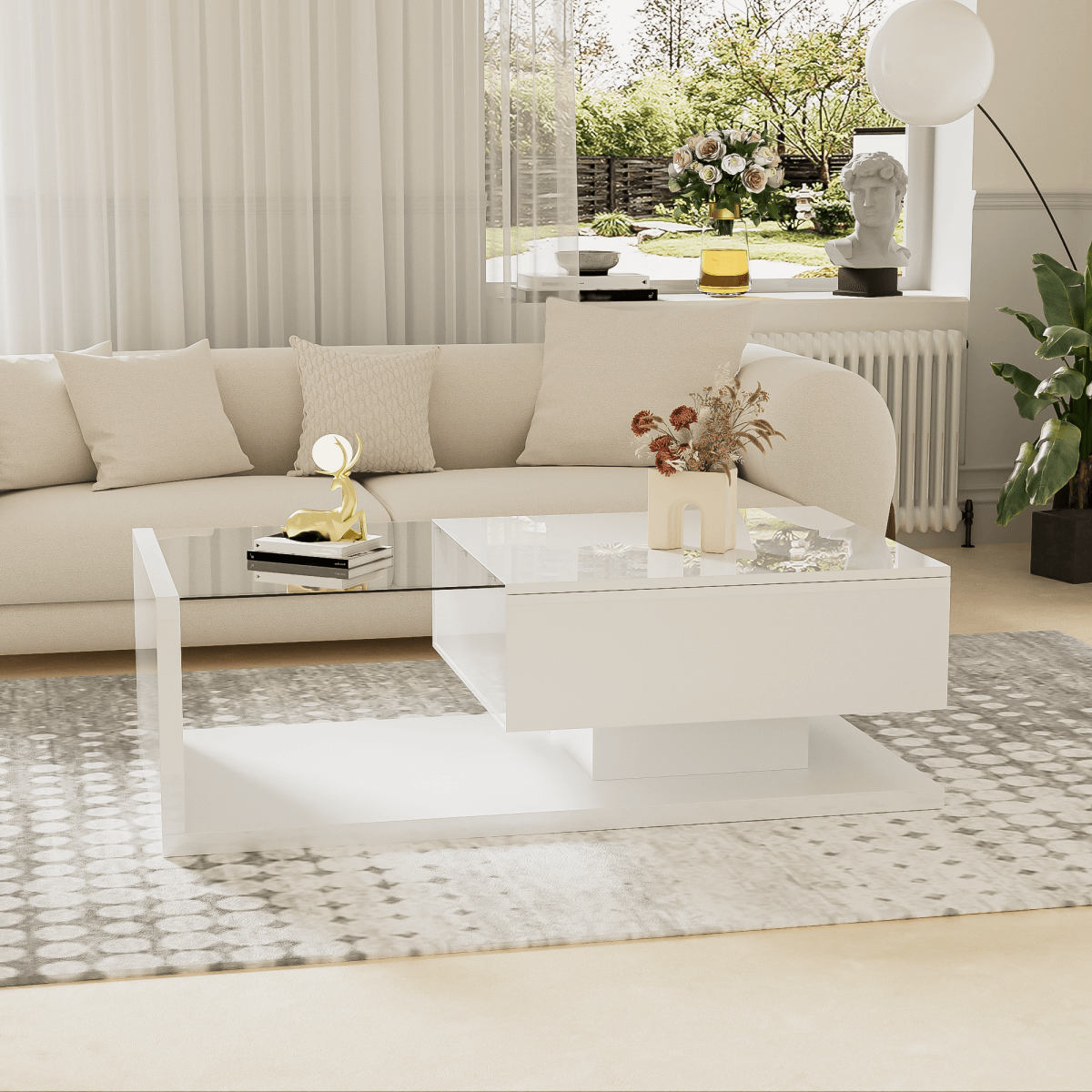High Gloss White Coffee Table with LED Lights - Glass Top Modern Living Room Table