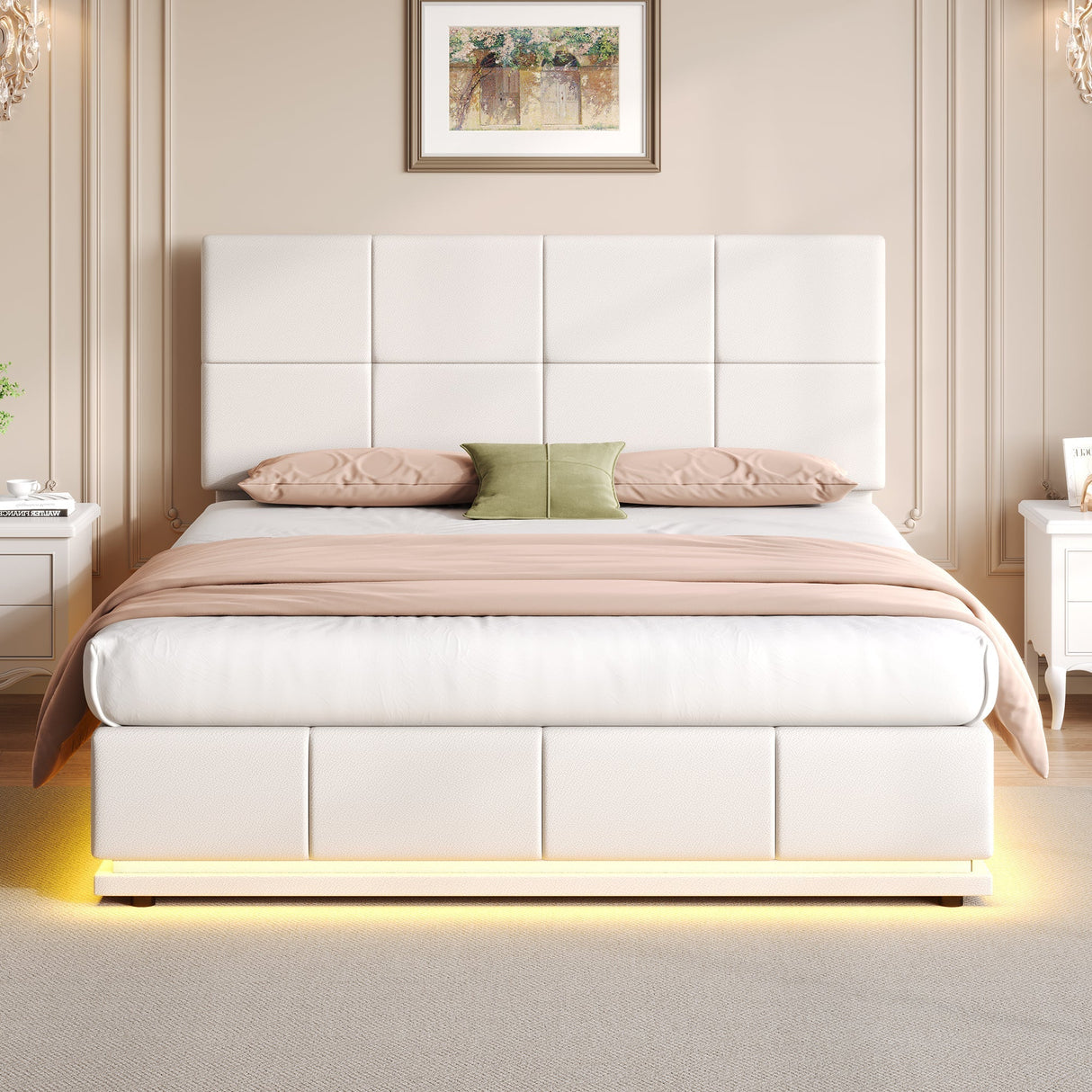 Ottoman Double Bed with LED Lighting, Hydraulic Storage, Adjustable Square Tufted Headboard, Cream White PU Leather (No Mattress)