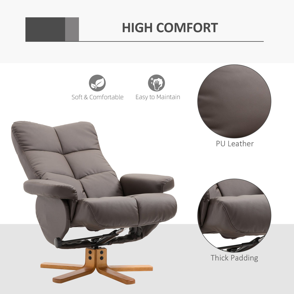 Recliner Armchair, Swivel Reclining Chair with Storage Ottoman, Faux Leather Brown
