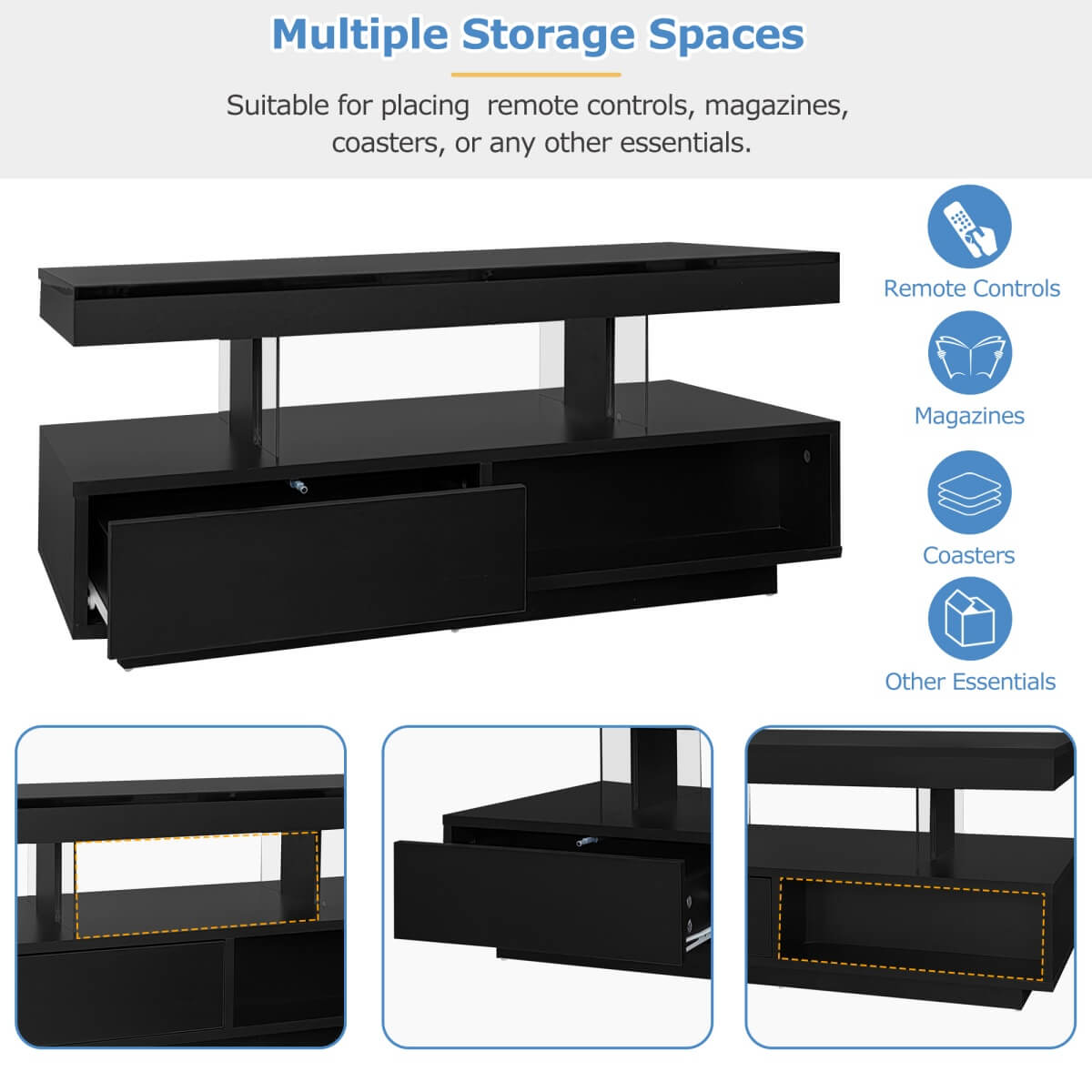 High Gloss Coffee Table with LED Lights - Modern Black Storage Centre Table