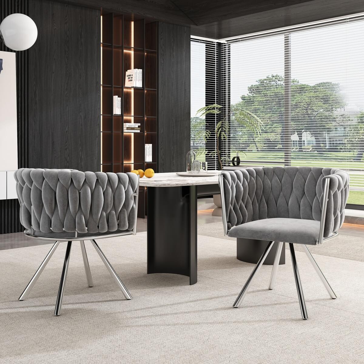 Set of 2 Velvet Swivel Dining Chairs - Upholstered Dining Chairs with 4 Metal Legs for Kitchen & Dining Room, Grey & Silver