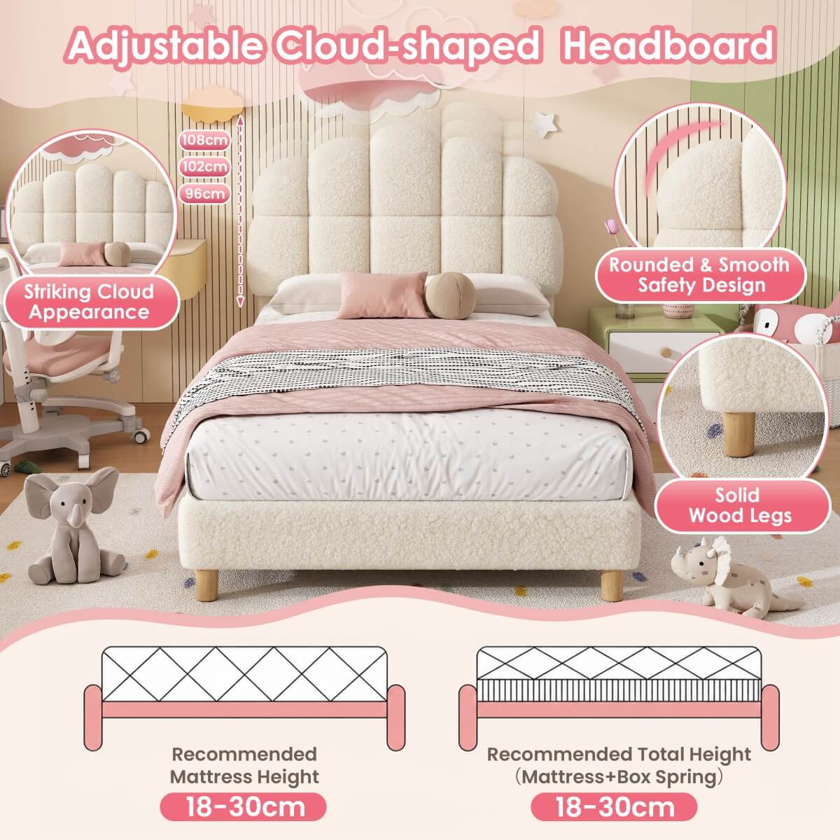 3ft Single Boucle Upholstered Bed Frame with Cloud-Shaped Headboard - Adjustable Headboard, Solid Wood Legs and Sturdy Support, No Box Spring Required, Cream White