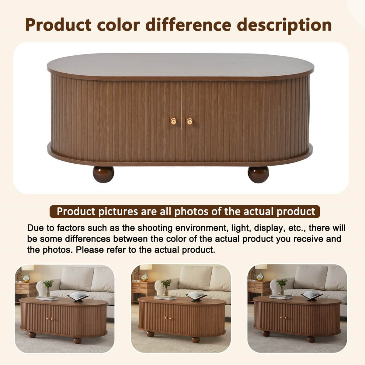 Oval Coffee Table – Oak MDF with 2 Sliding Doors, Hidden Storage Compartment