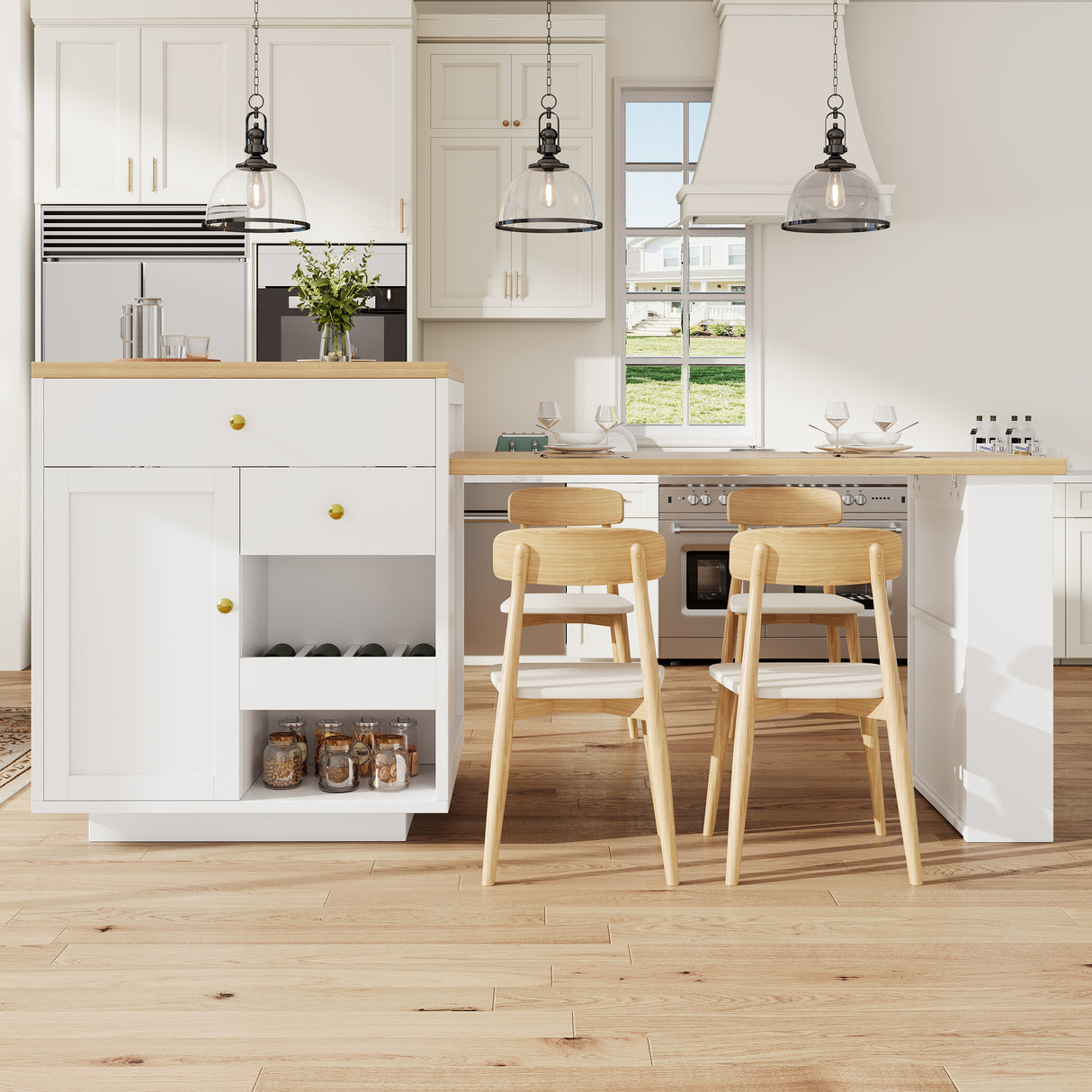 Extendable bar table with storage (122.5-195.57093.8cm), with three drawers and wine rack, kitchen island with extendable table, for 2-6 people, kitchen dining cart with side shelves, white