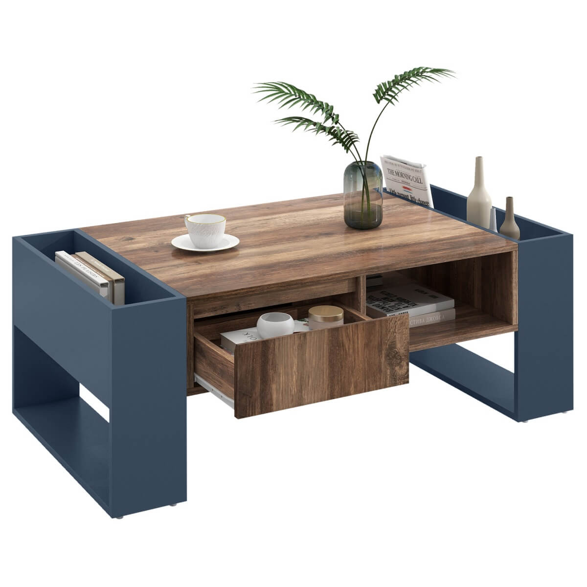 Wood Grain Coffee Table with Double-Sided Storage — Handleless Drawer & Open Compartments for Living Room or Office