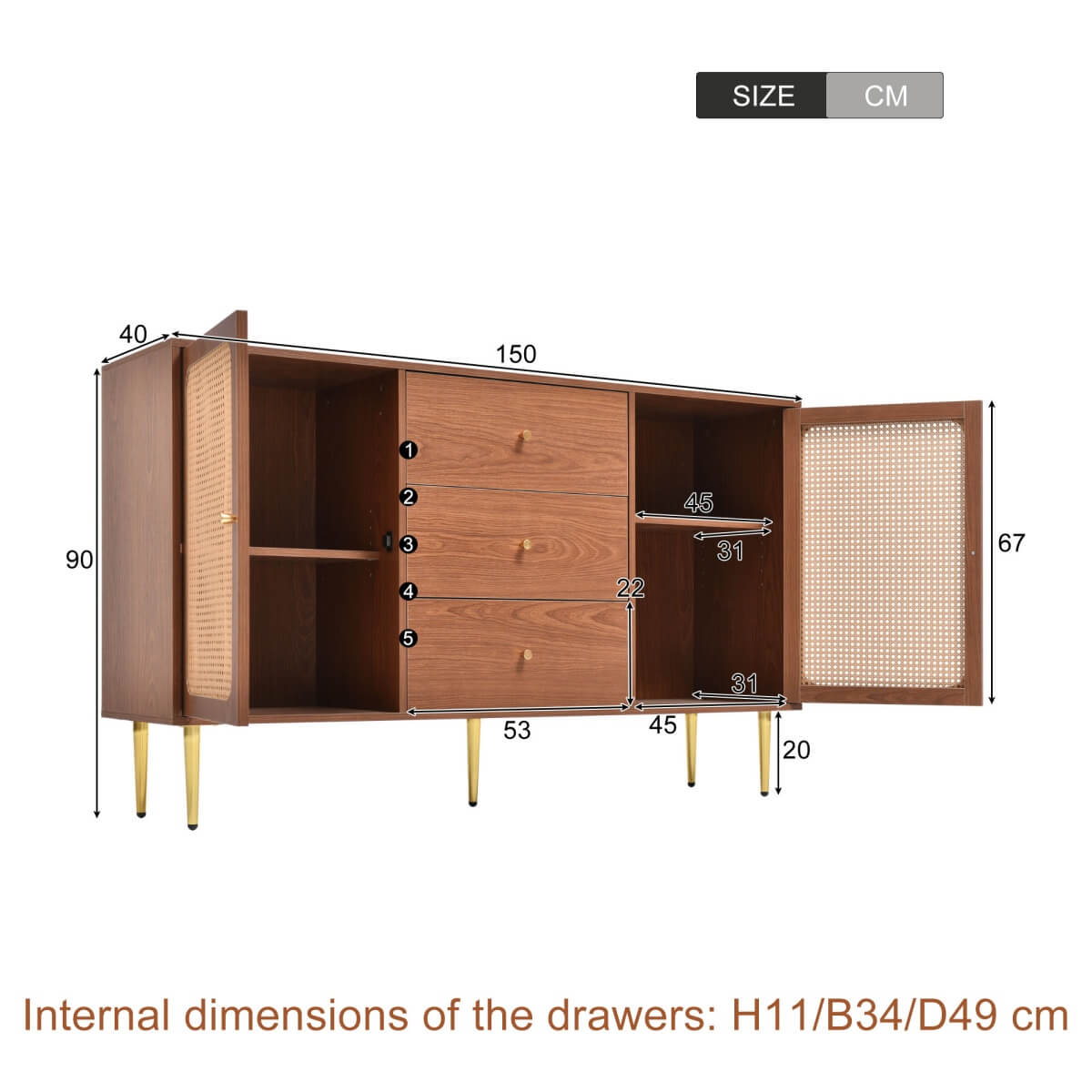 Rattan Sideboard Cabinet – Walnut Storage Unit with 2 Doors and 3 Drawers