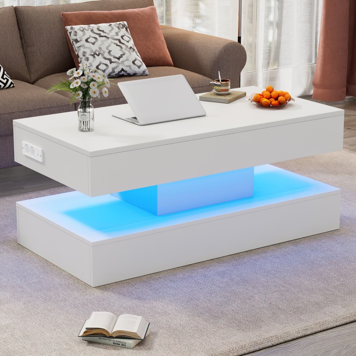 LED Lift Top Coffee Table - Modern Storage Table with Hidden Compartment
